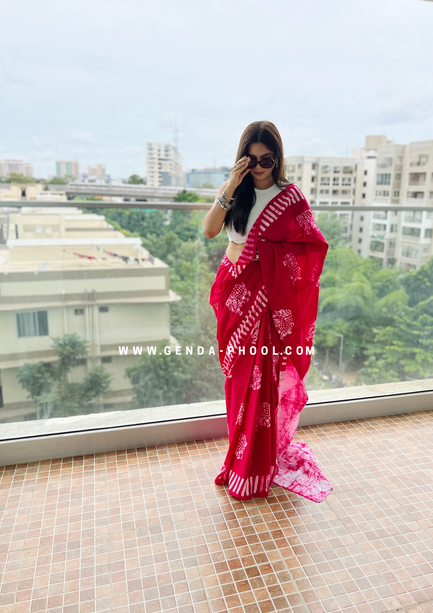 Pink Elephant Print Handblock Mulmul Saree