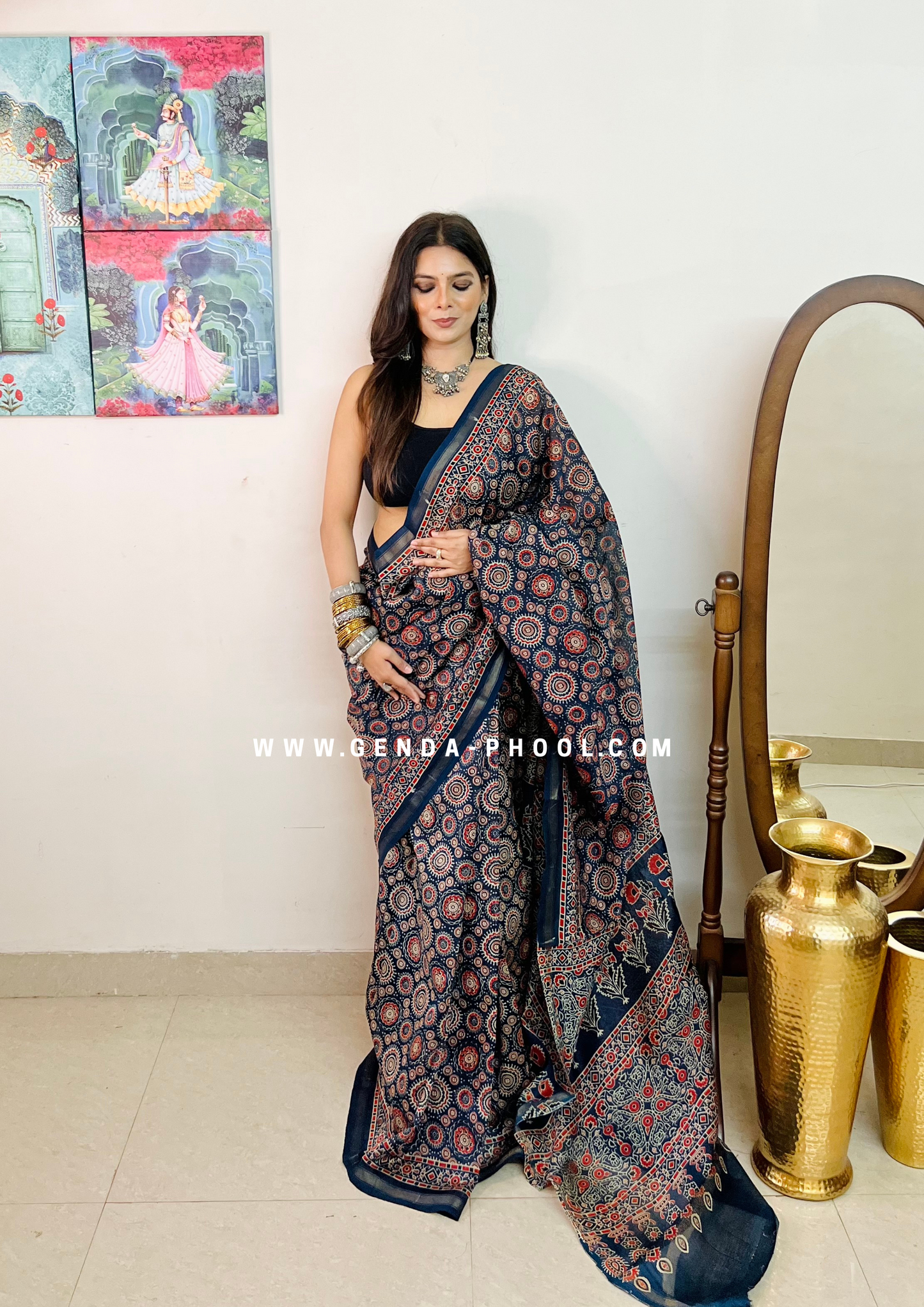 Handloom Dabu Handblock Printed Chanderi Silk Cotton Saree with Zari Border