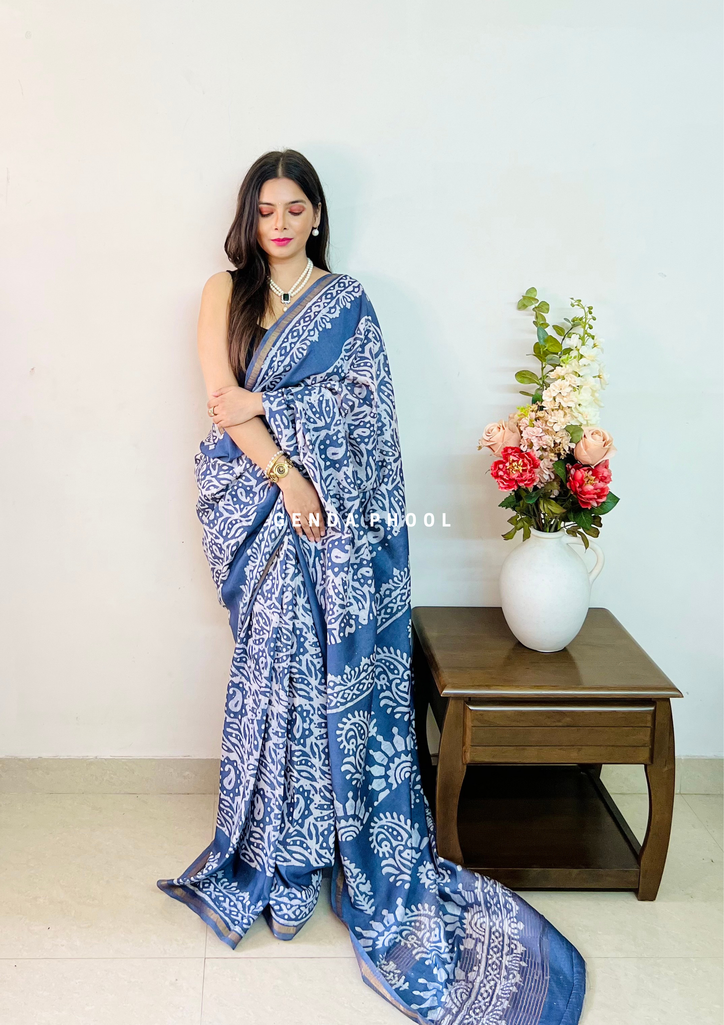 Handloom Handblock Printed Chanderi Silk Cotton Saree with Zari Border