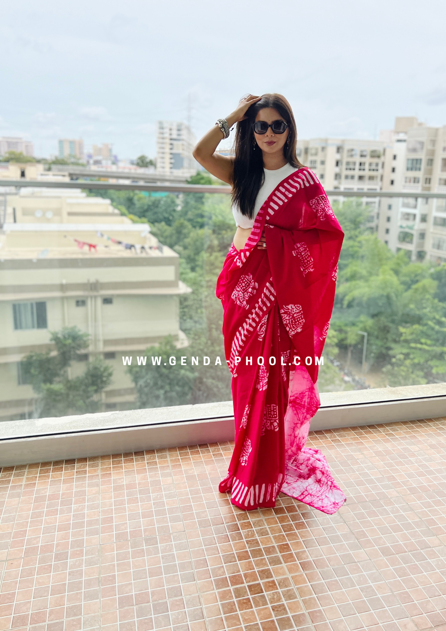 Pink Elephant Print Handblock Mulmul Saree