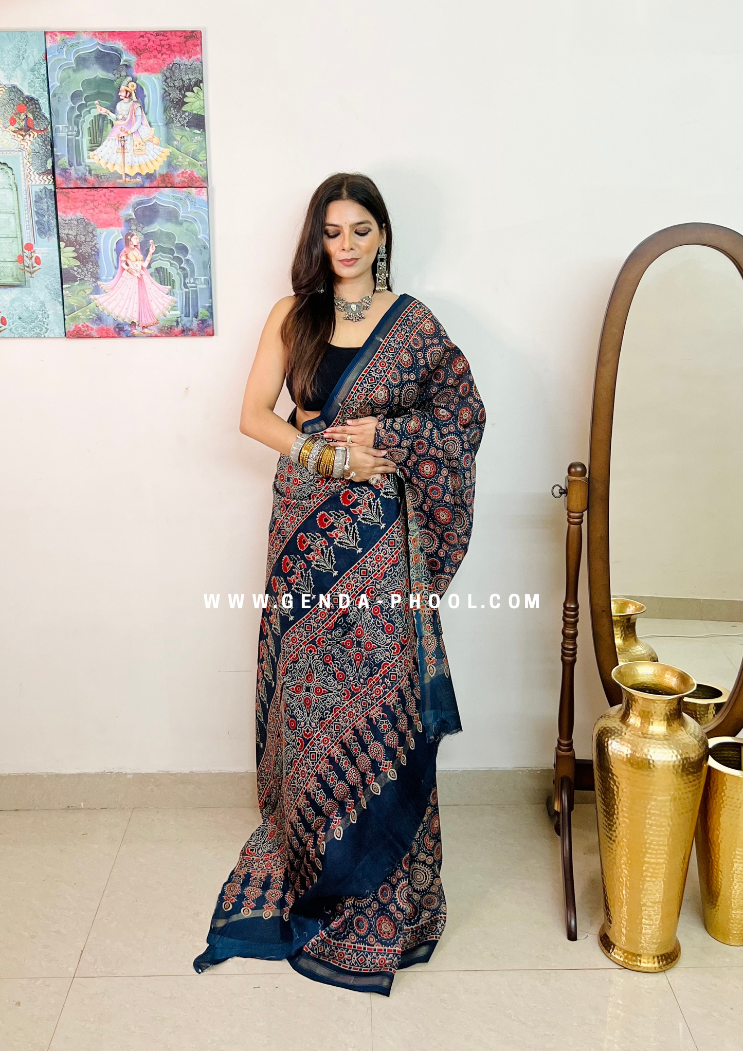 Handloom Dabu Handblock Printed Chanderi Silk Cotton Saree with Zari Border