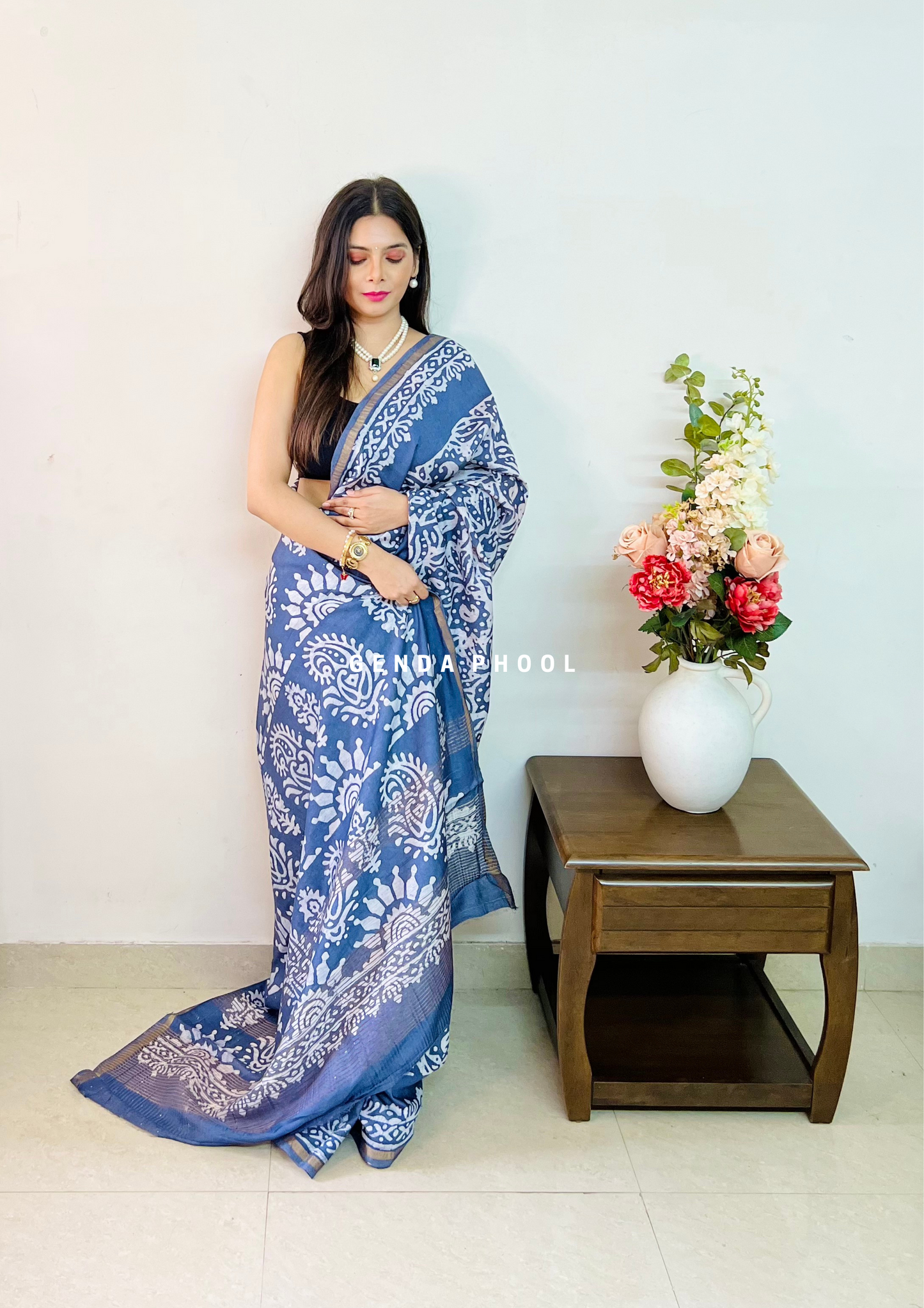 Handloom Handblock Printed Chanderi Silk Cotton Saree with Zari Border