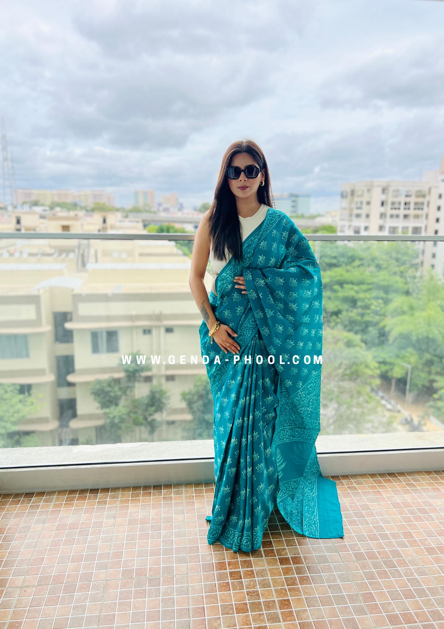 Teal Flower Print Handblock Mulmul Saree