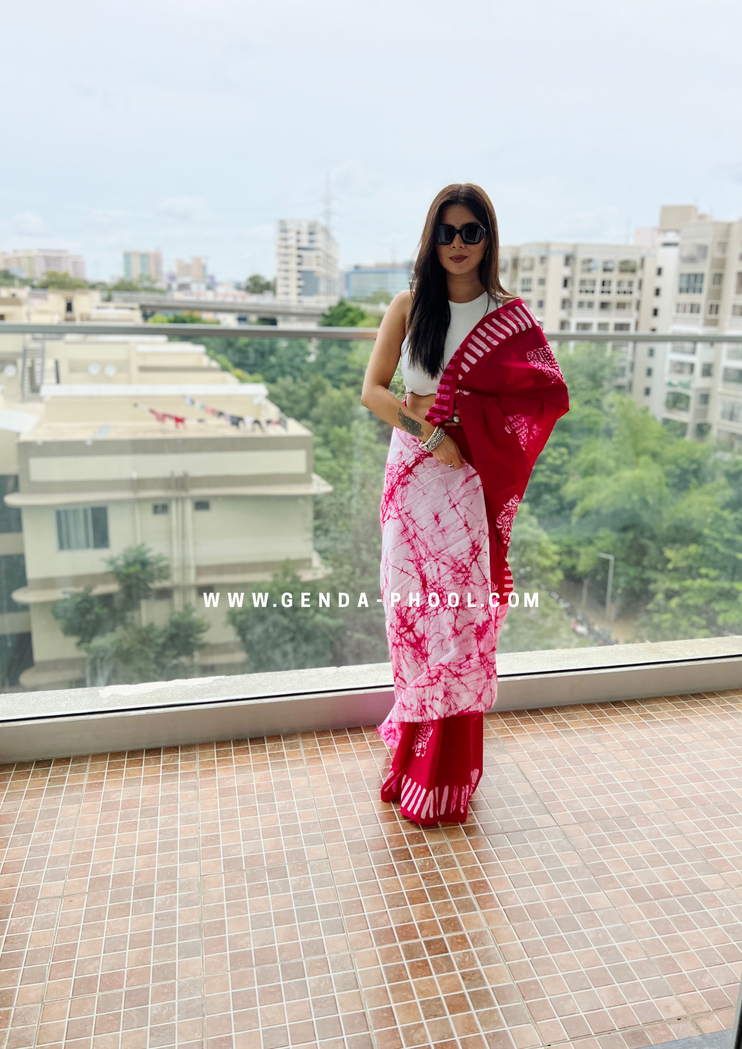 Pink Elephant Print Handblock Mulmul Saree