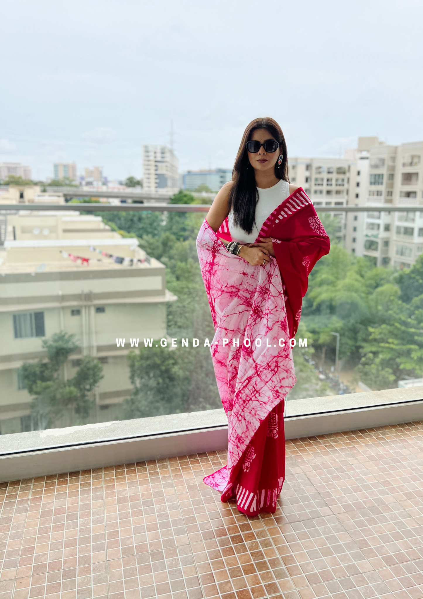 Pink Elephant Print Handblock Mulmul Saree