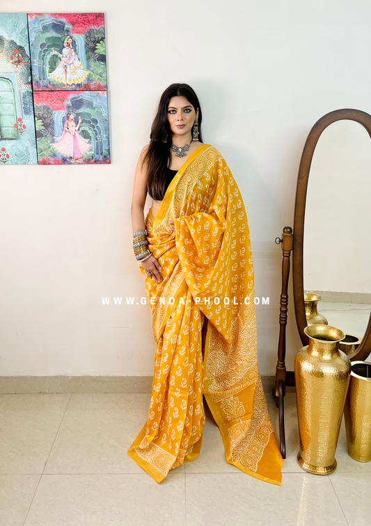 Handloom Dabu Handblock Printed Chanderi Silk Cotton Saree with Zari Border