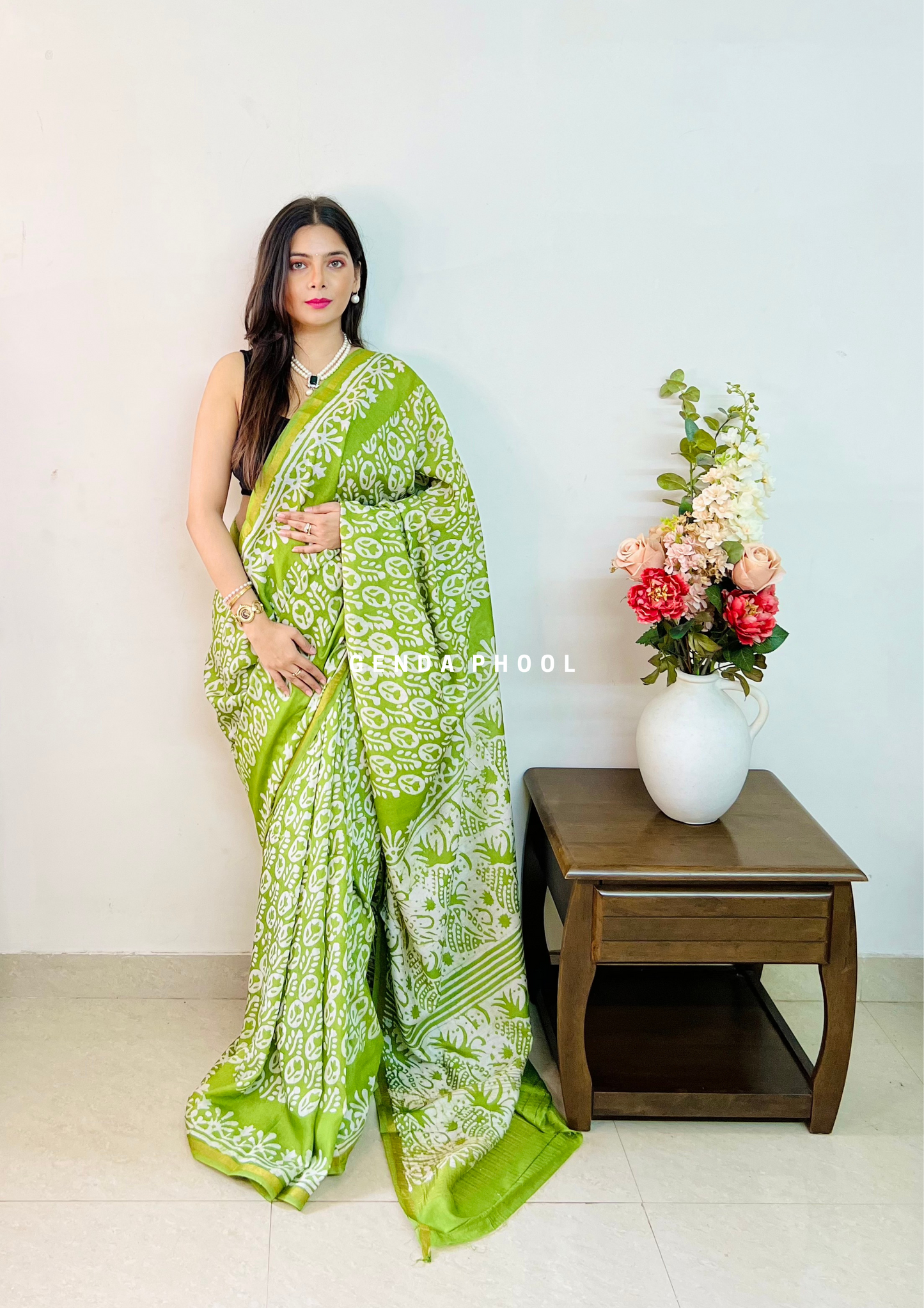 Handloom Handblock Printed Chanderi Silk Cotton Saree with Zari Border