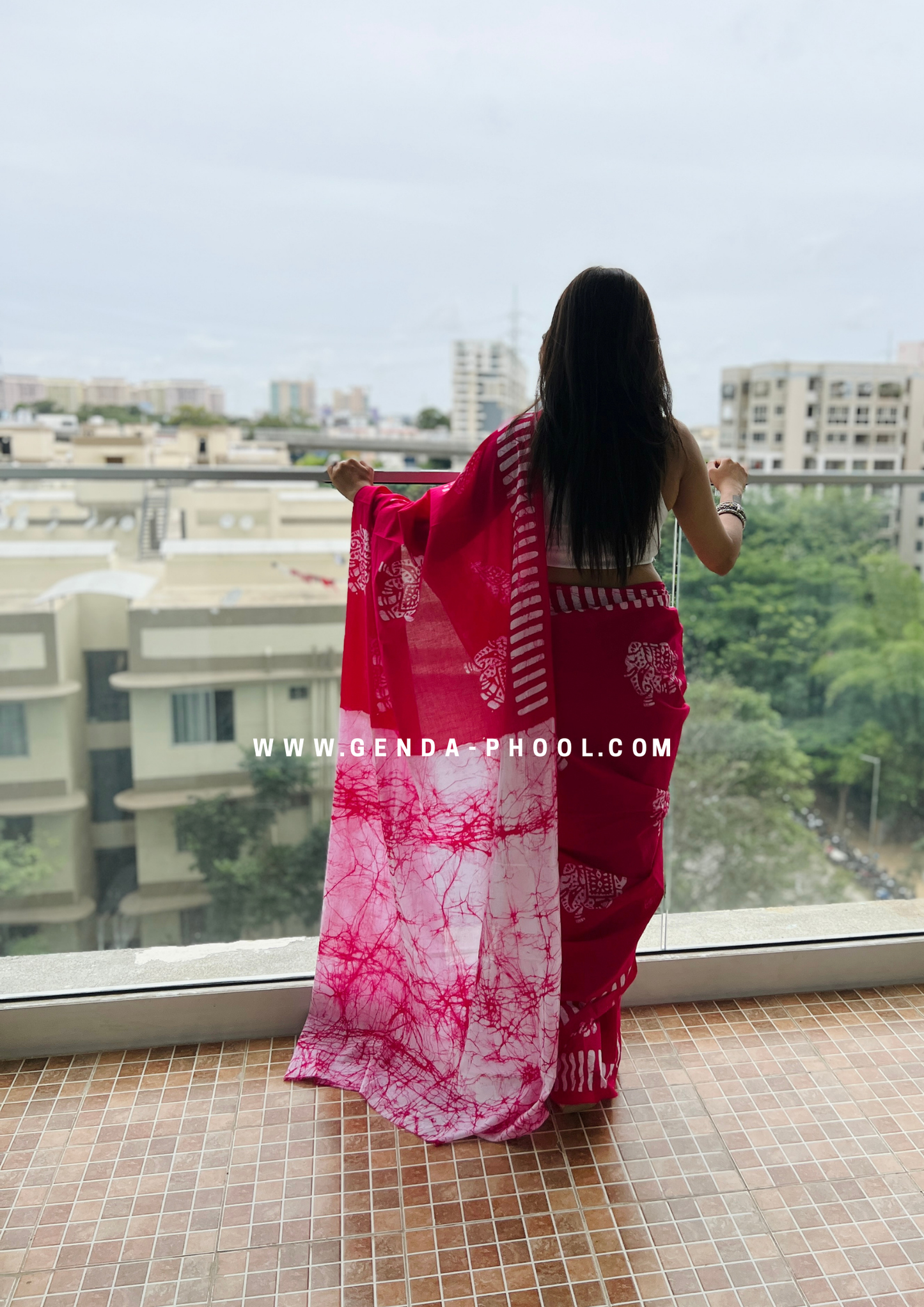 Pink Elephant Print Handblock Mulmul Saree