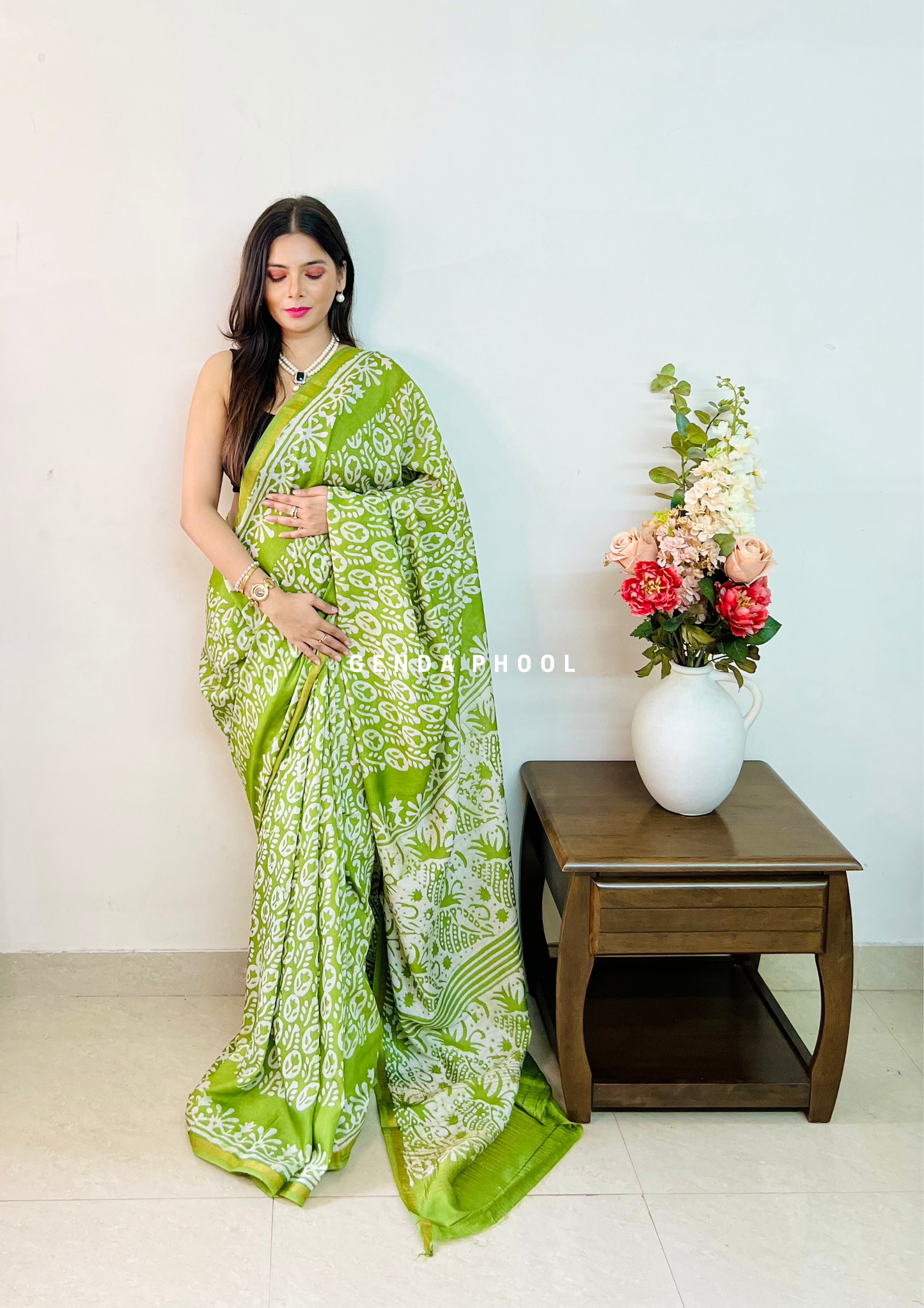 Handloom Handblock Printed Chanderi Silk Cotton Saree with Zari Border