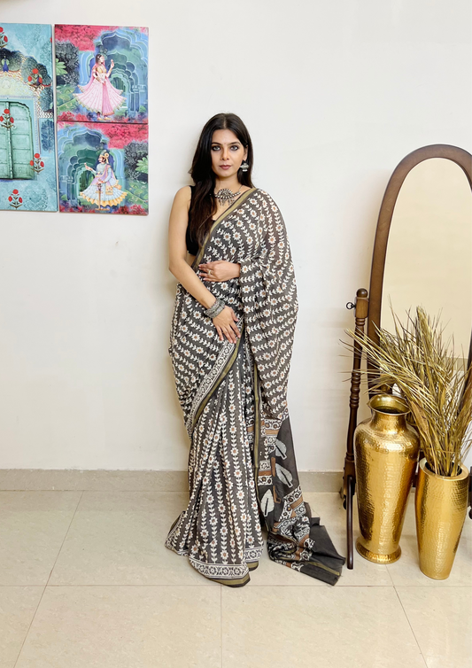 Dabu Hand-Block Chanderi Cotton Silk Saree with Zari Border