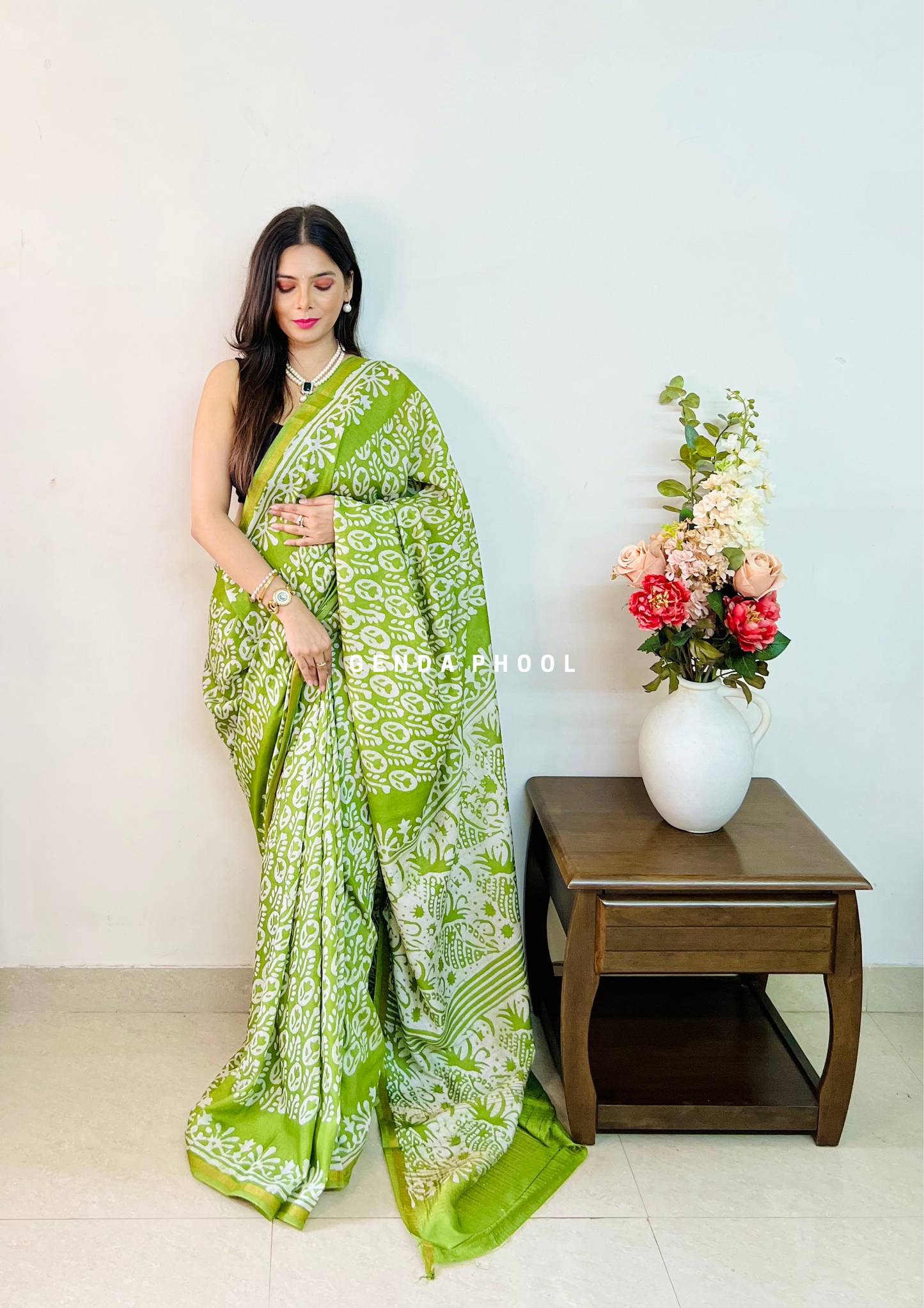 Handloom Handblock Printed Chanderi Silk Cotton Saree with Zari Border