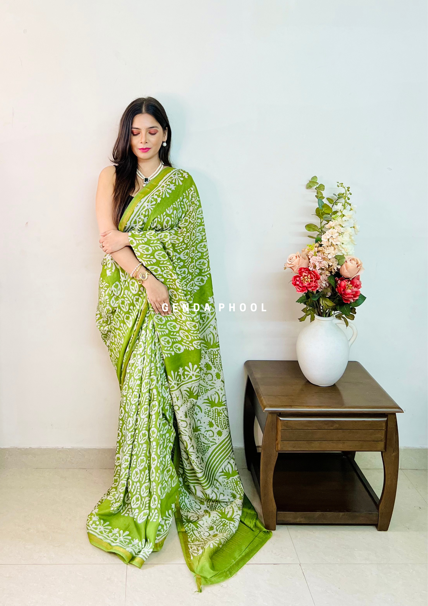 Handloom Handblock Printed Chanderi Silk Cotton Saree with Zari Border