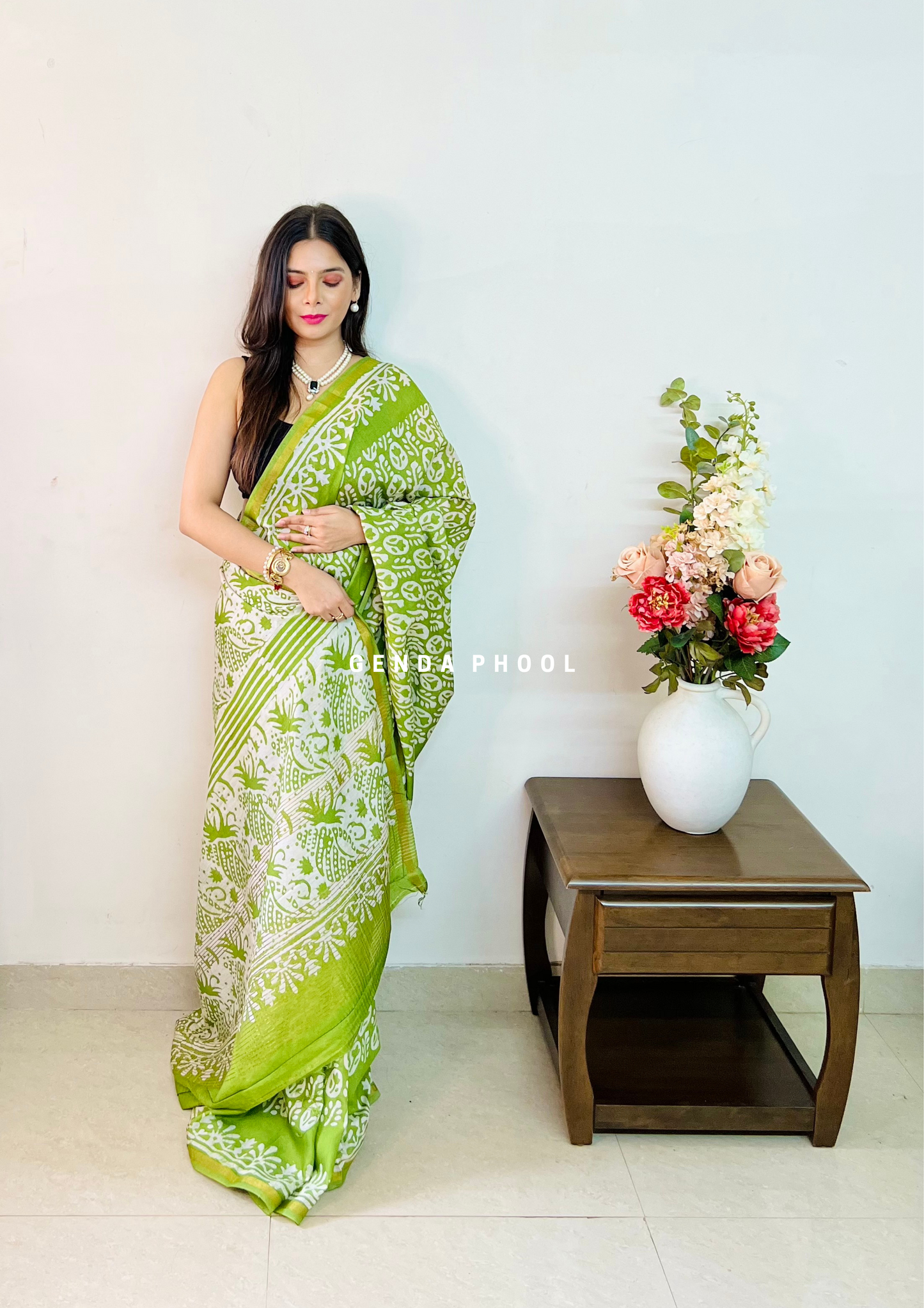 Handloom Handblock Printed Chanderi Silk Cotton Saree with Zari Border