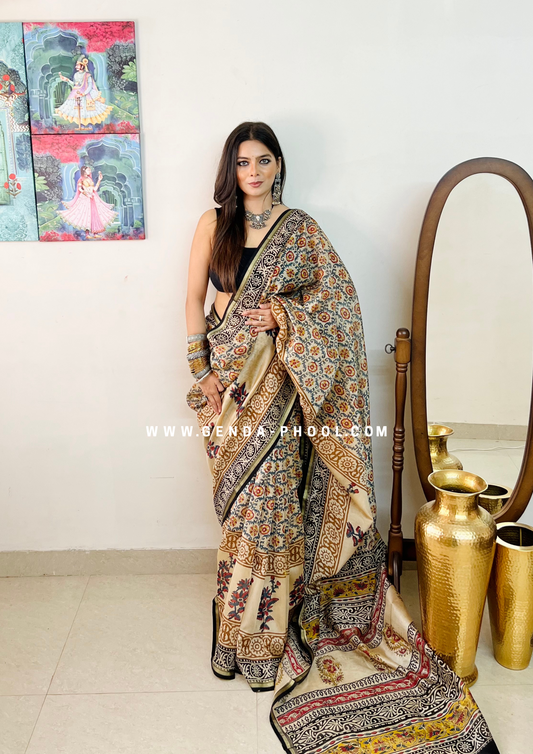 Handloom Kalamkari Handblock Printed Chanderi Silk Cotton Saree with Zari Border