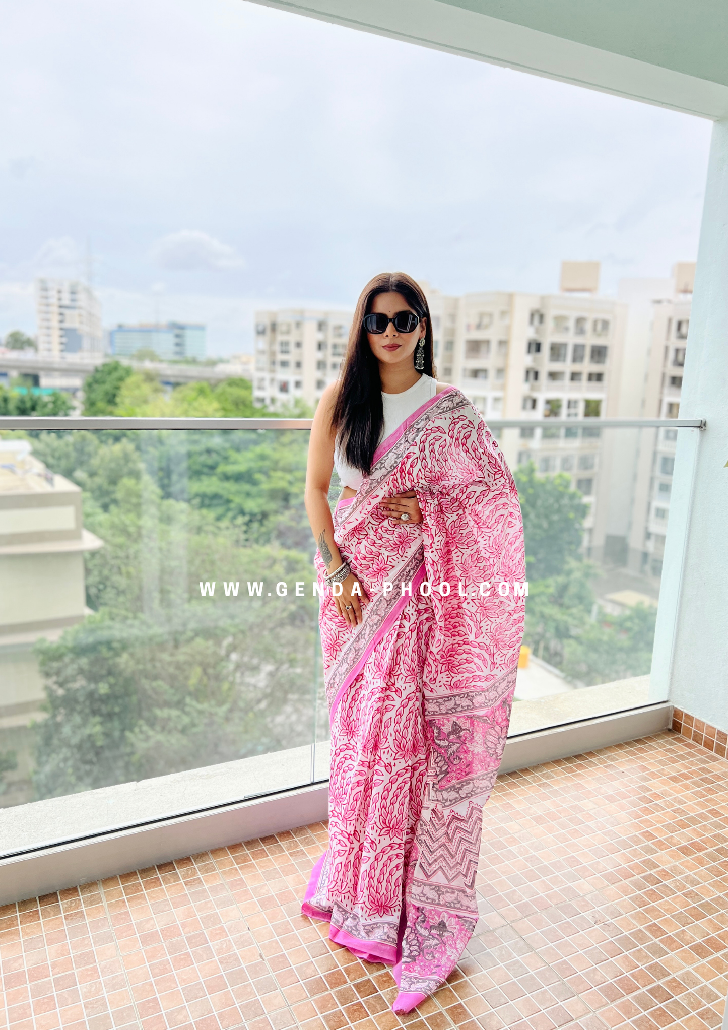 Pink Lotus Print Handblock Mulmul Saree