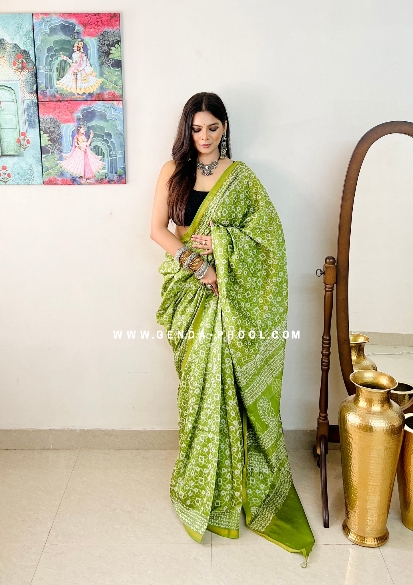 Handloom Dabu Handblock Printed Chanderi Silk Cotton Saree with Zari Border