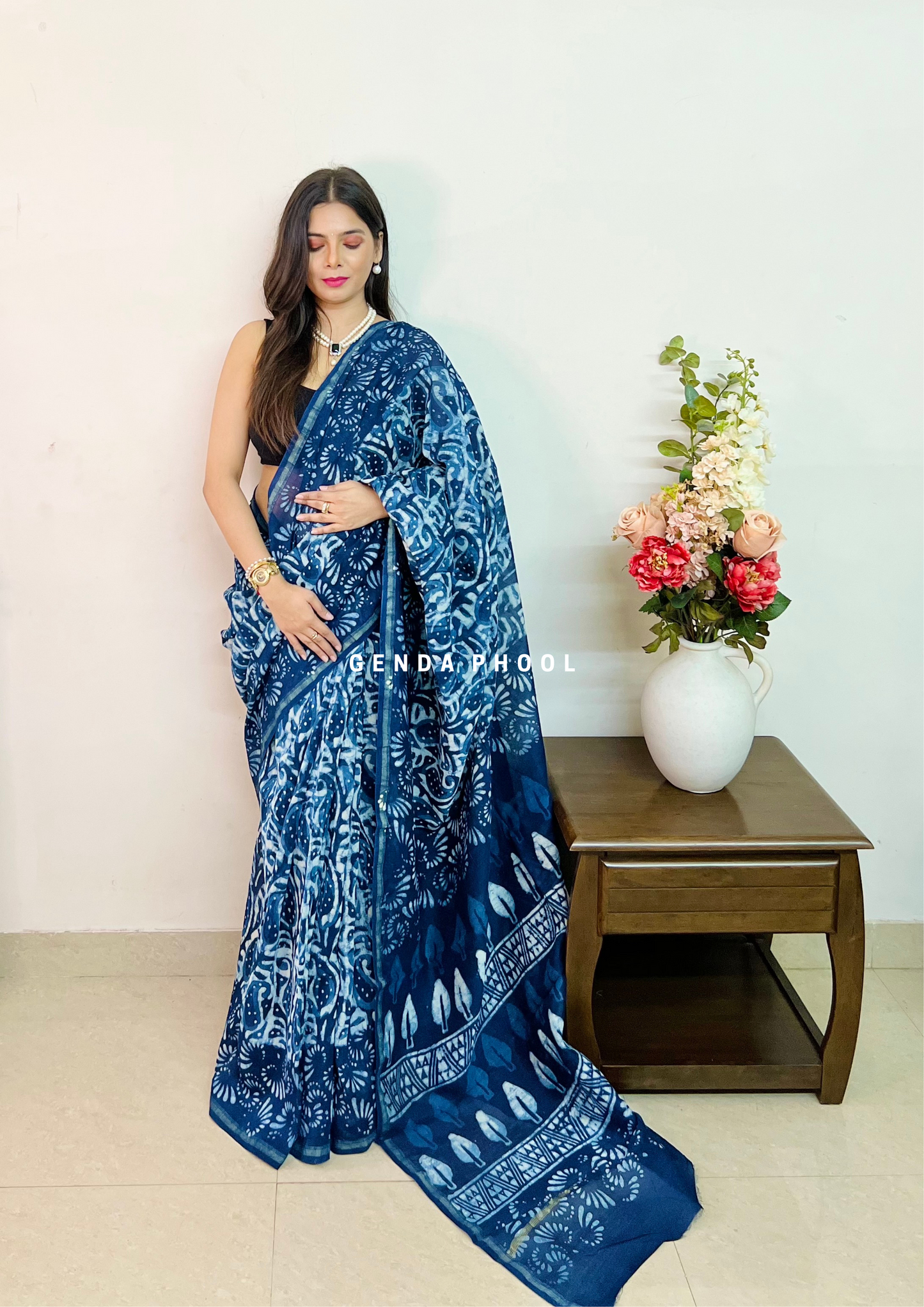 Handloom Handblock Printed Indigo Chanderi Silk Cotton Saree with Zari Border