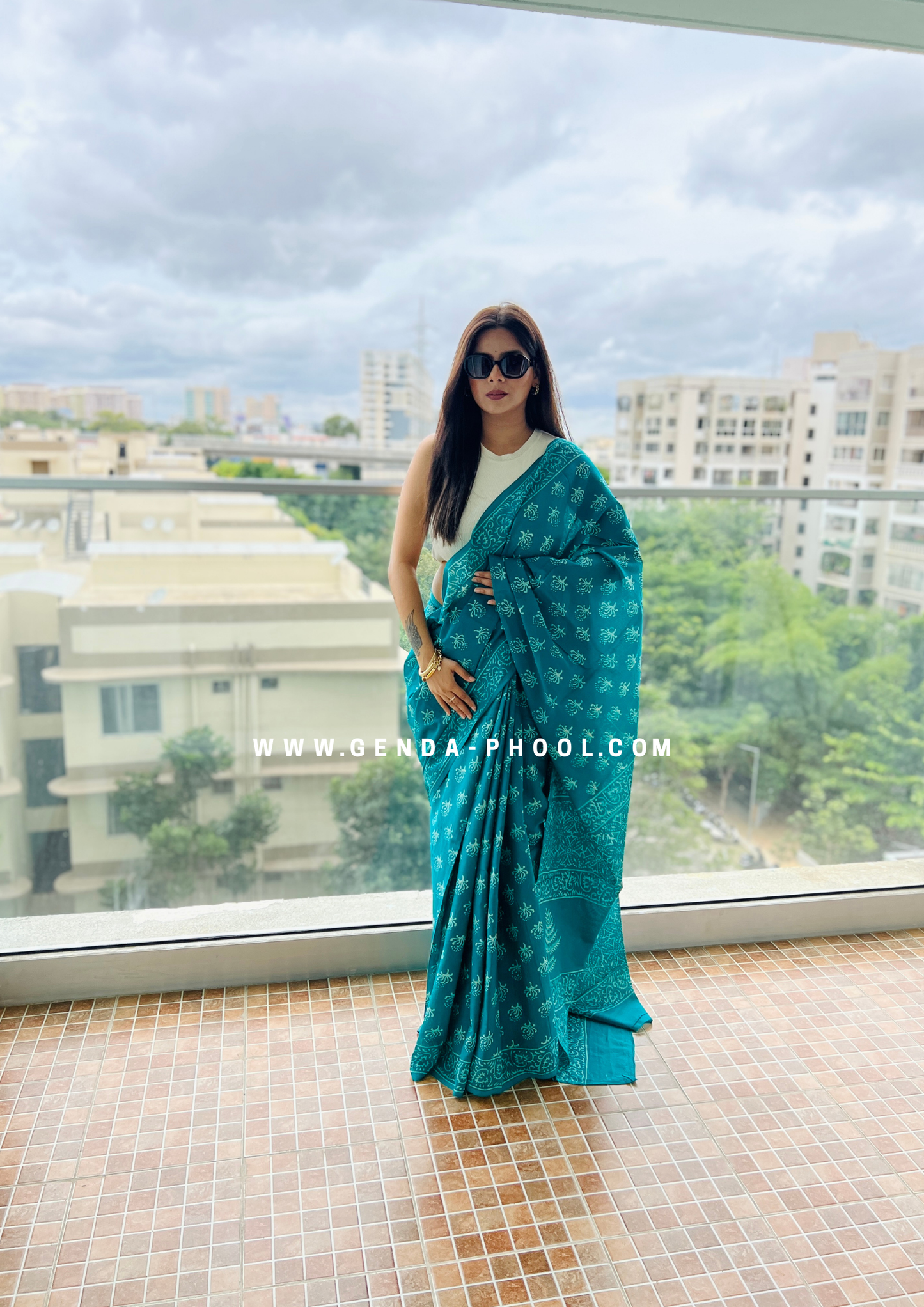 Teal Flower Print Handblock Mulmul Saree