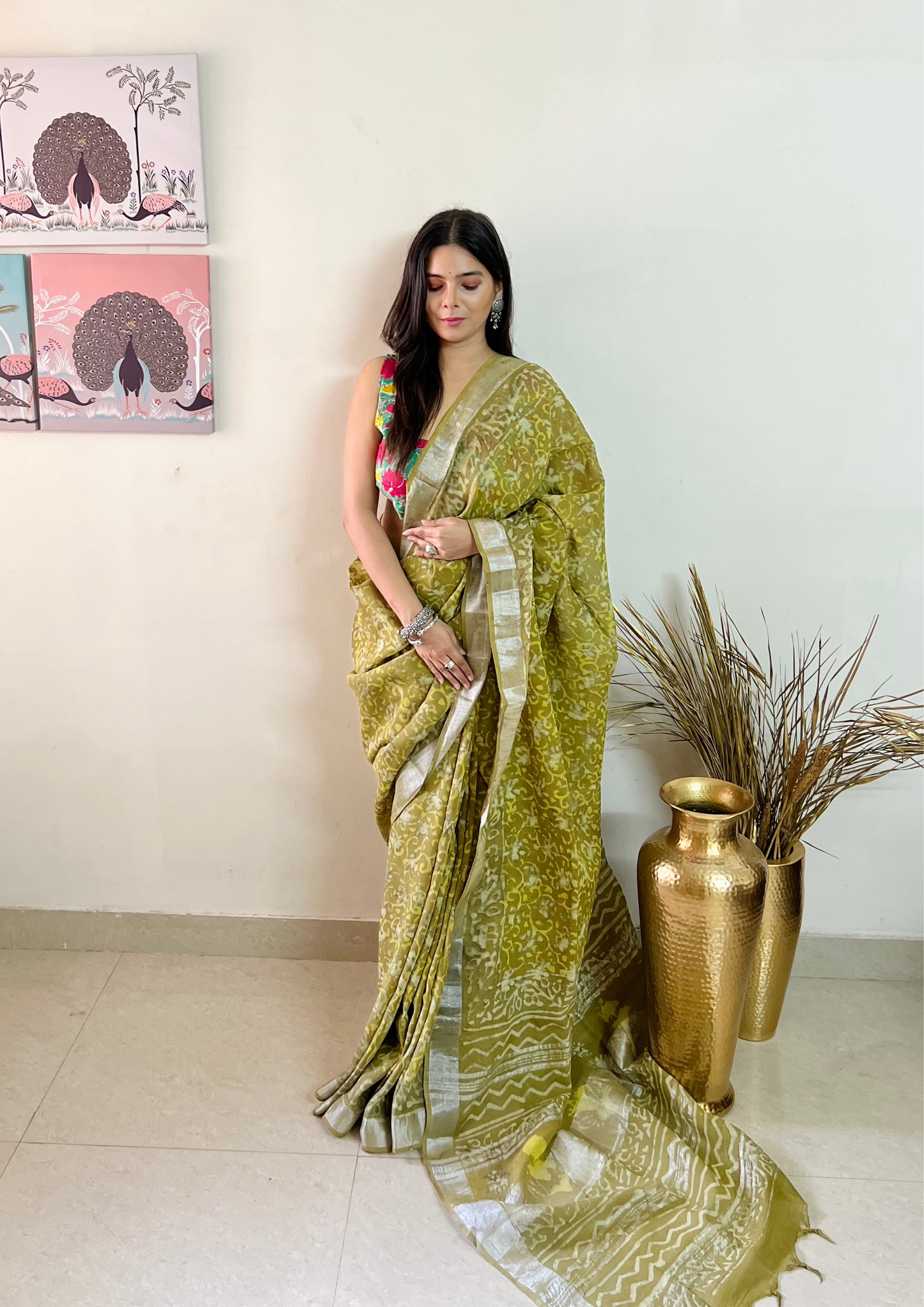 Hand block printed Linen Saree