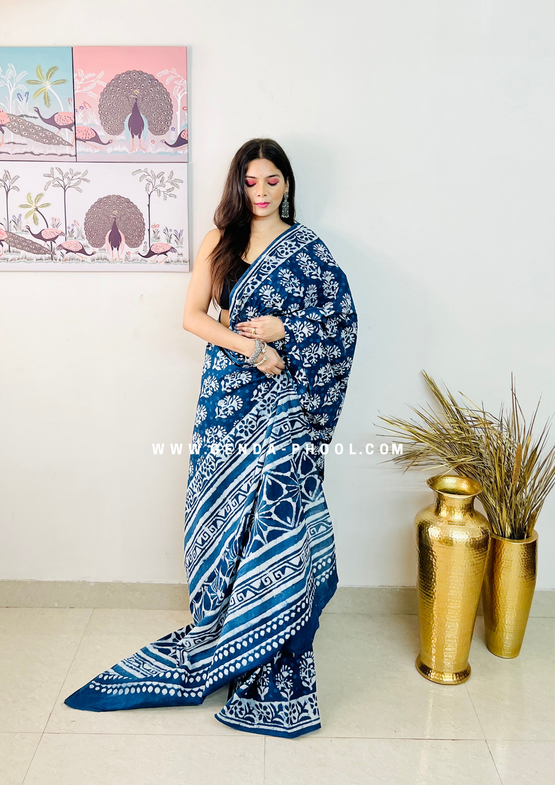 Hand block printed Natural Dyed Mulmul Cotton Saree