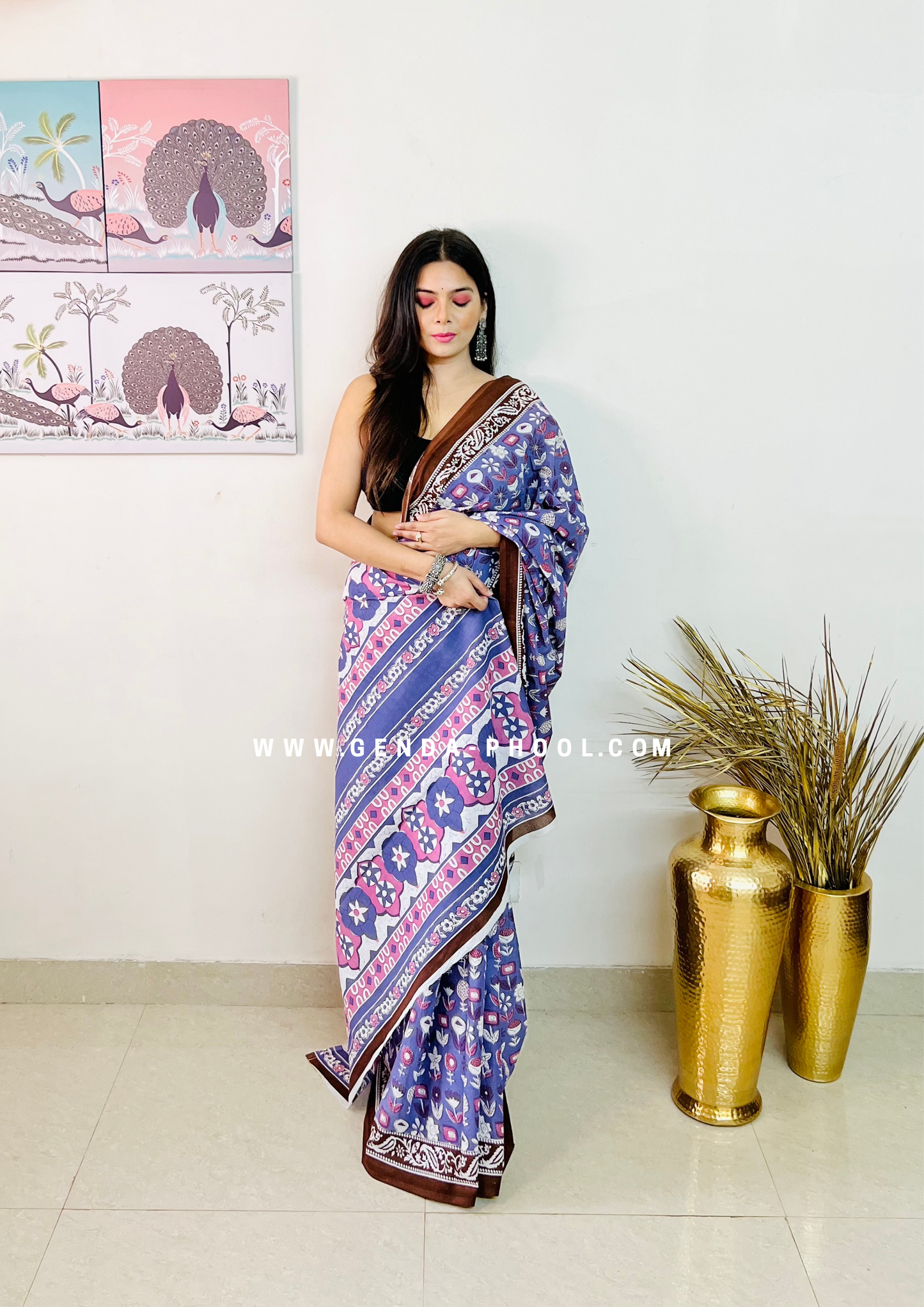 Hand block printed Natural Dyed Mulmul Cotton Saree