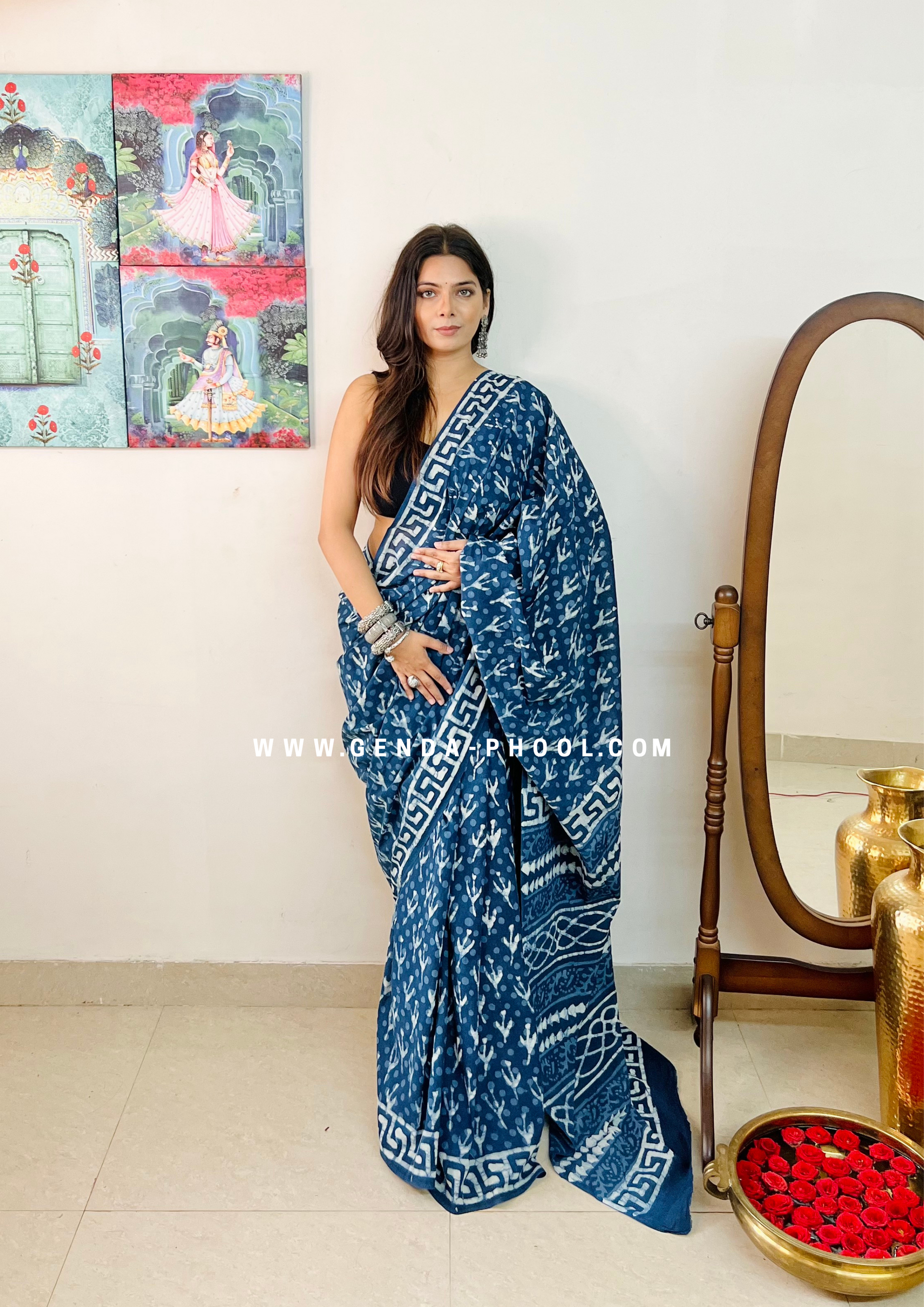Hand block printed Natural Dyed Mulmul Cotton Saree