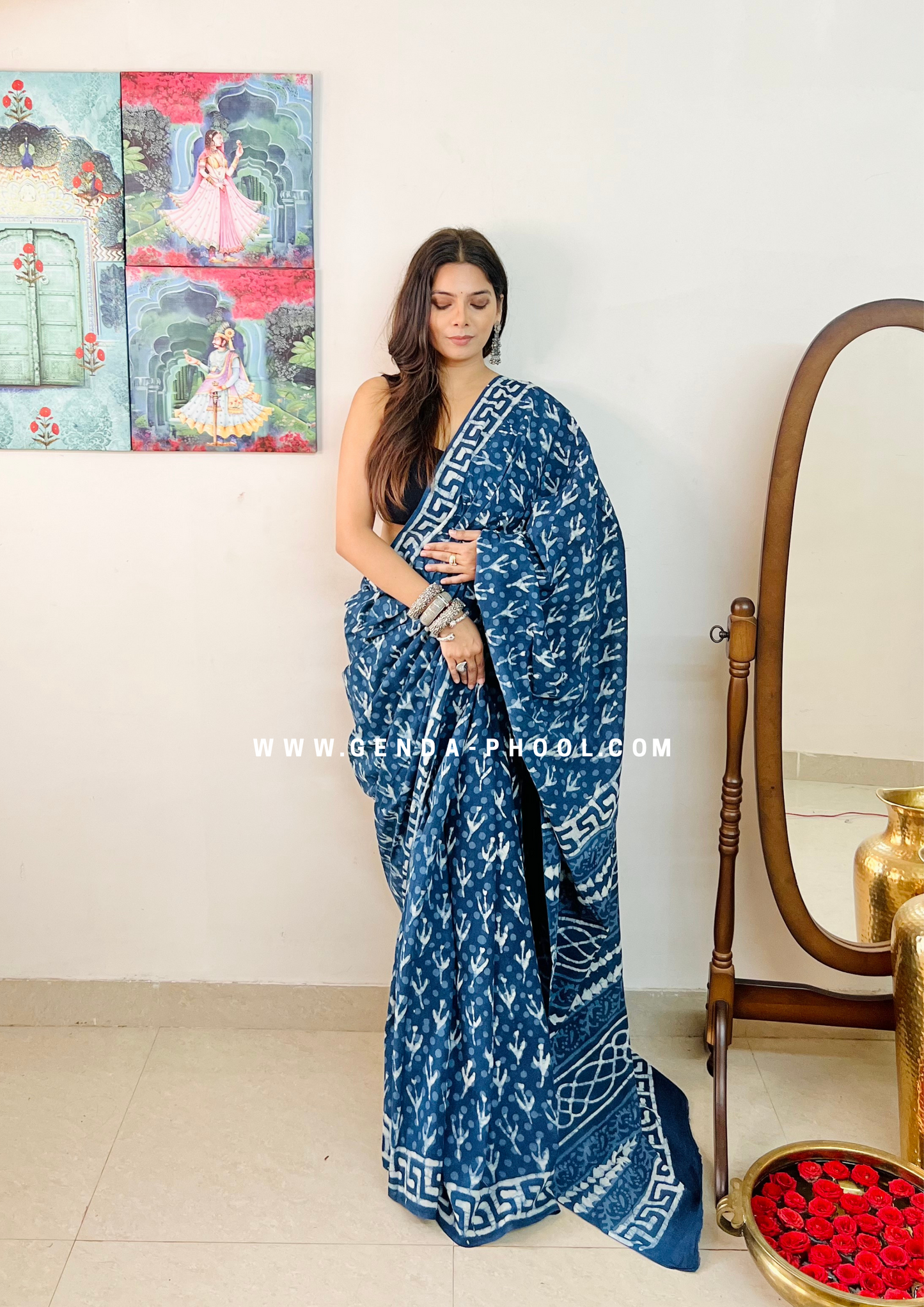 Hand block printed Natural Dyed Mulmul Cotton Saree