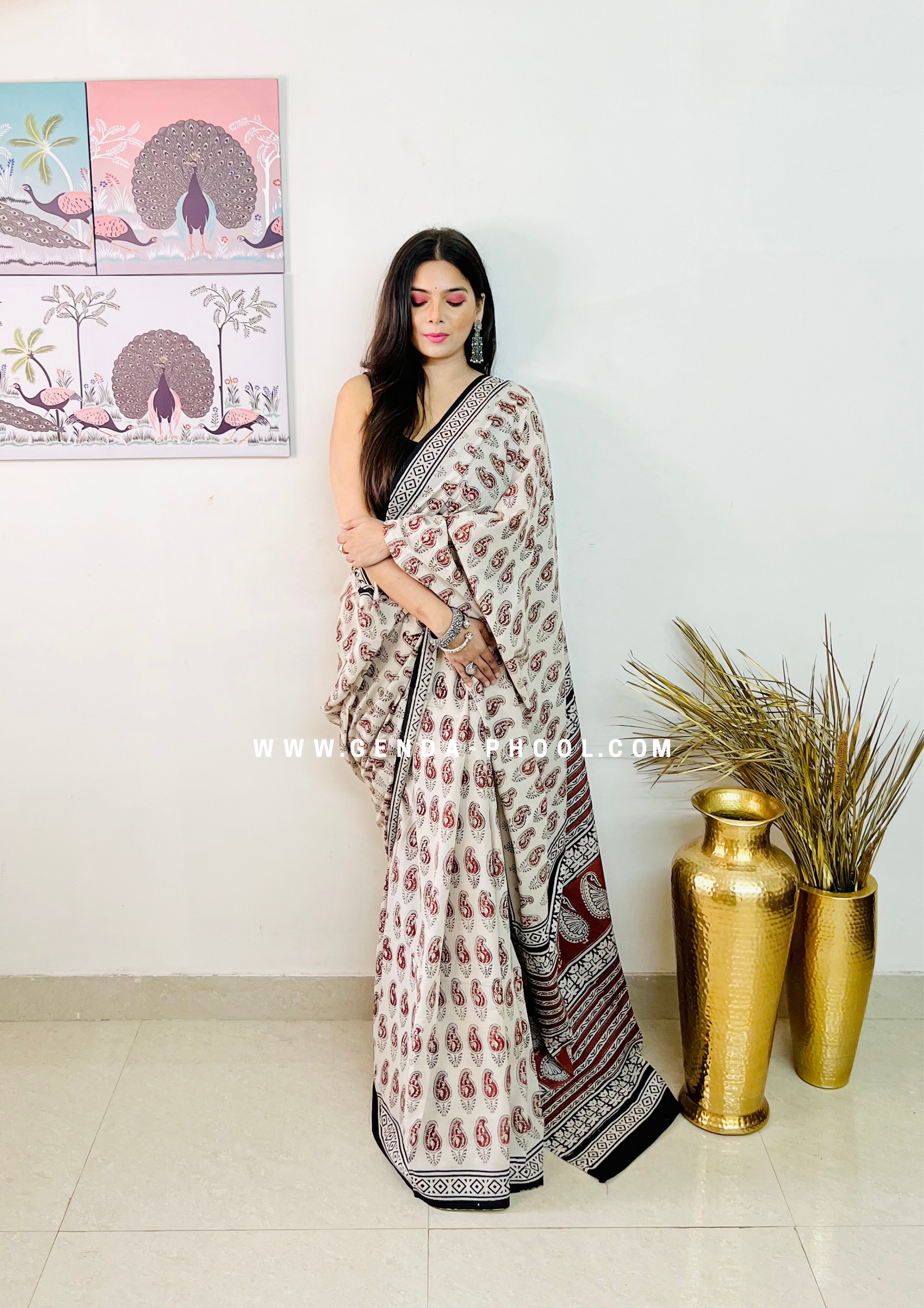 Hand block printed Natural Dyed Mulmul Cotton Saree