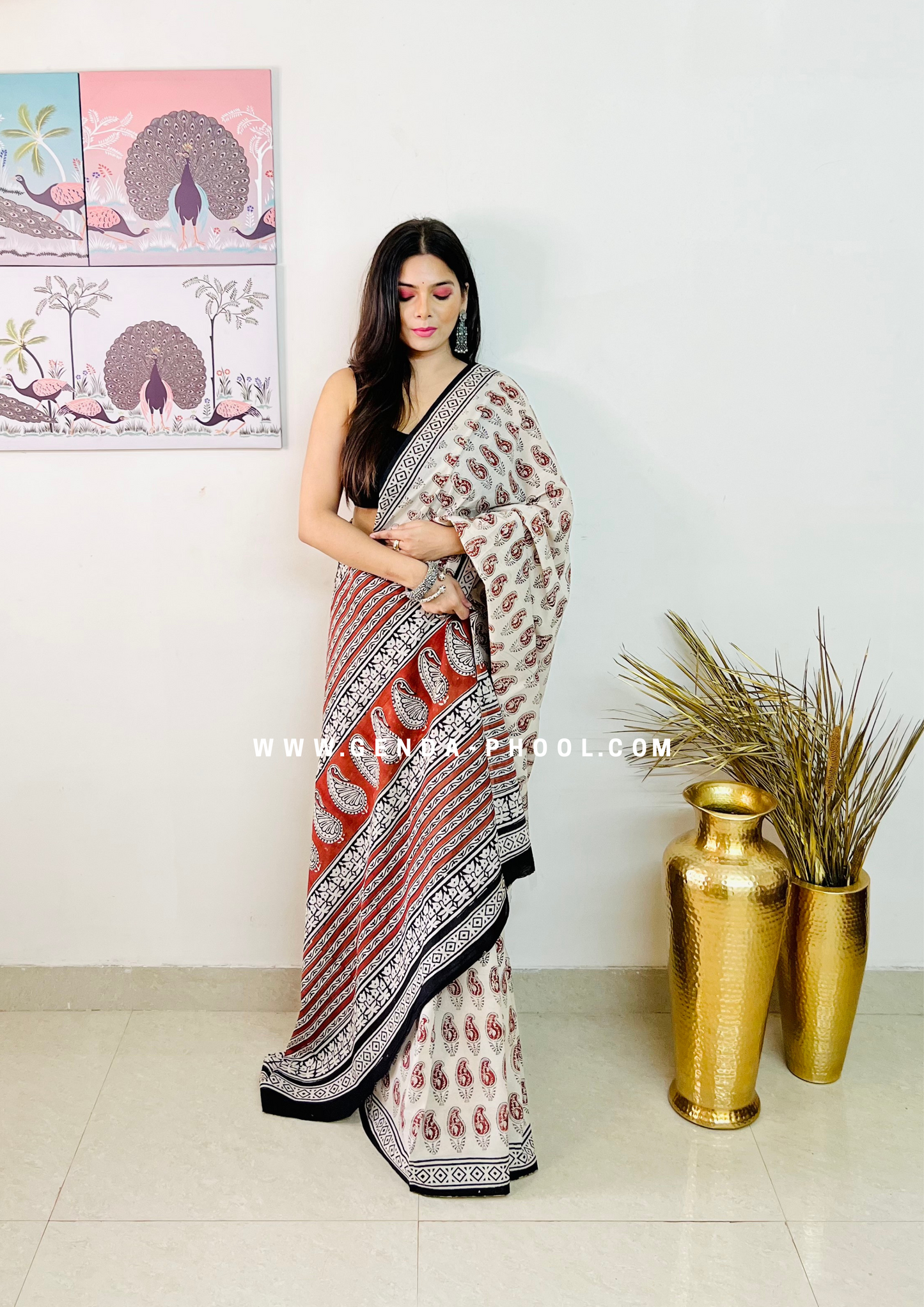 Hand block printed Natural Dyed Mulmul Cotton Saree