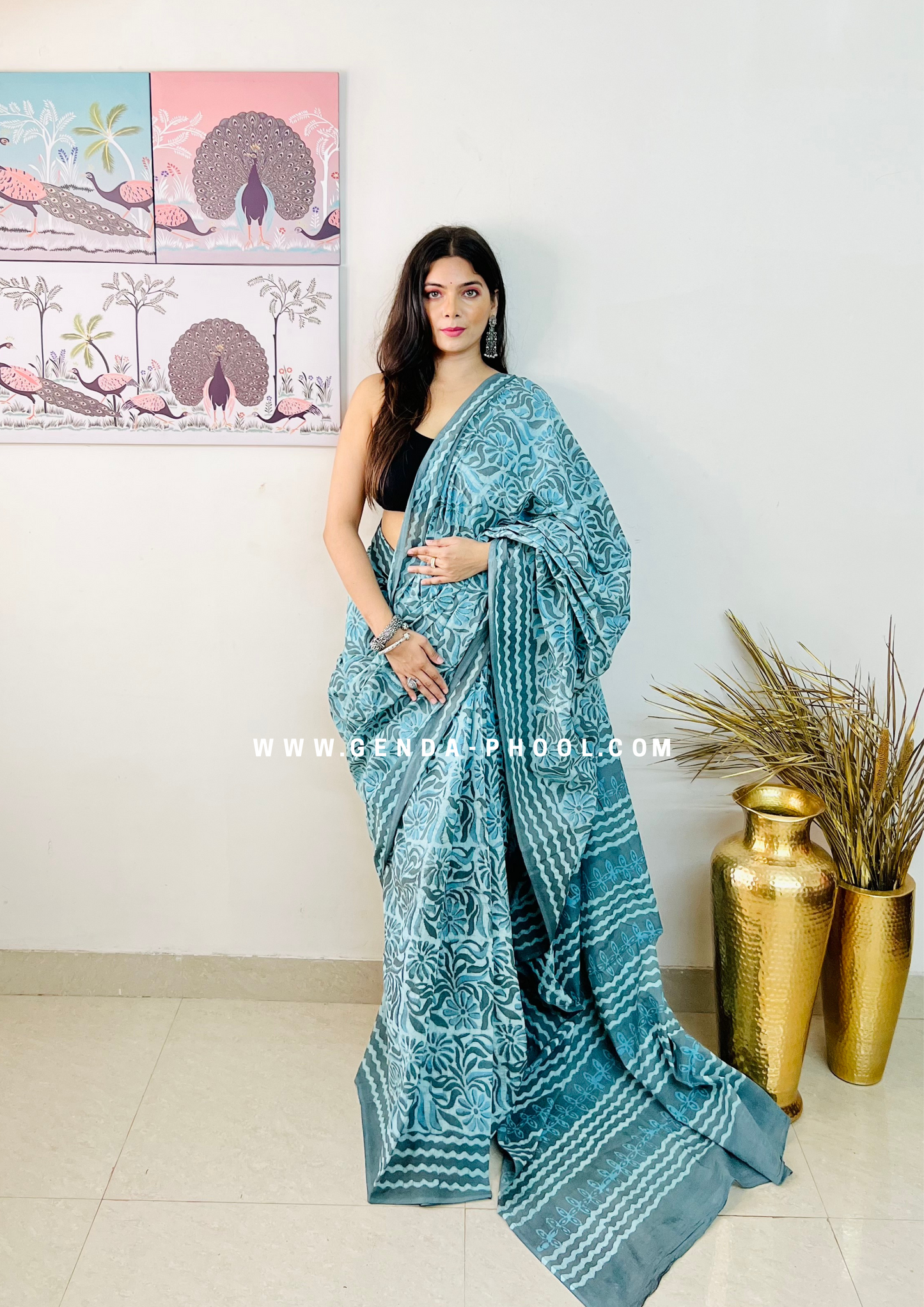 Hand block printed Natural Dyed Mulmul Cotton Saree