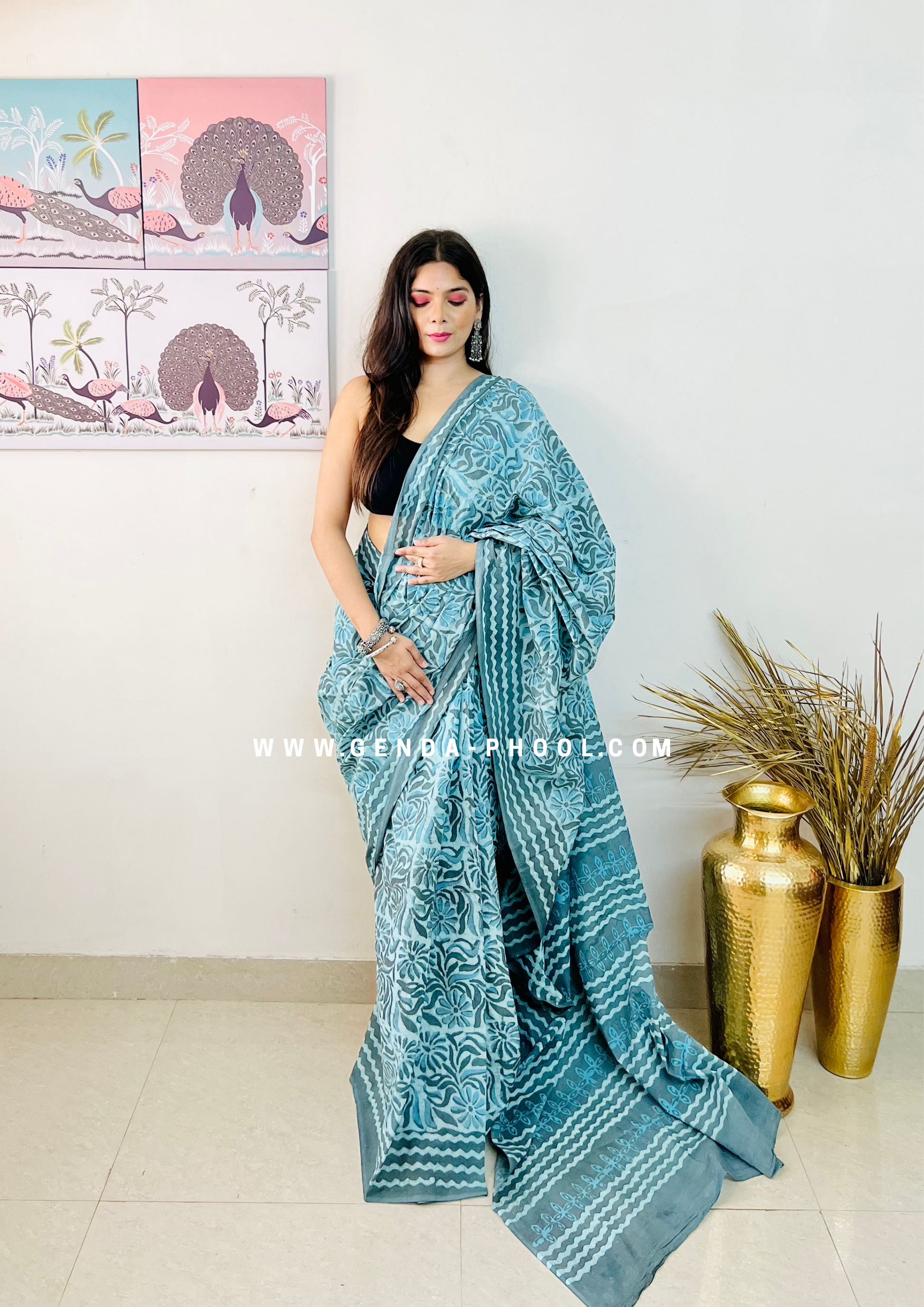 Hand block printed Natural Dyed Mulmul Cotton Saree