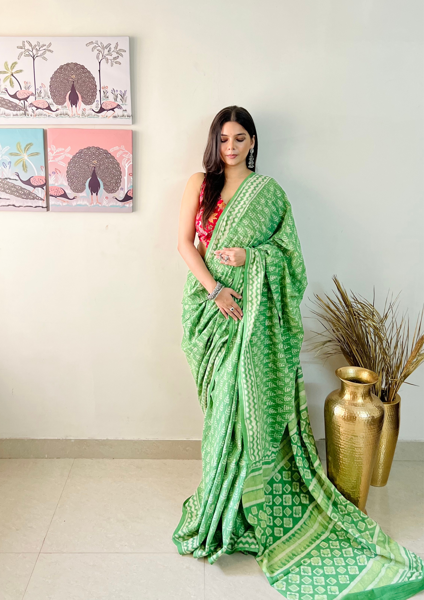 Hand block printed Natural Dyed Mulmul Cotton Saree