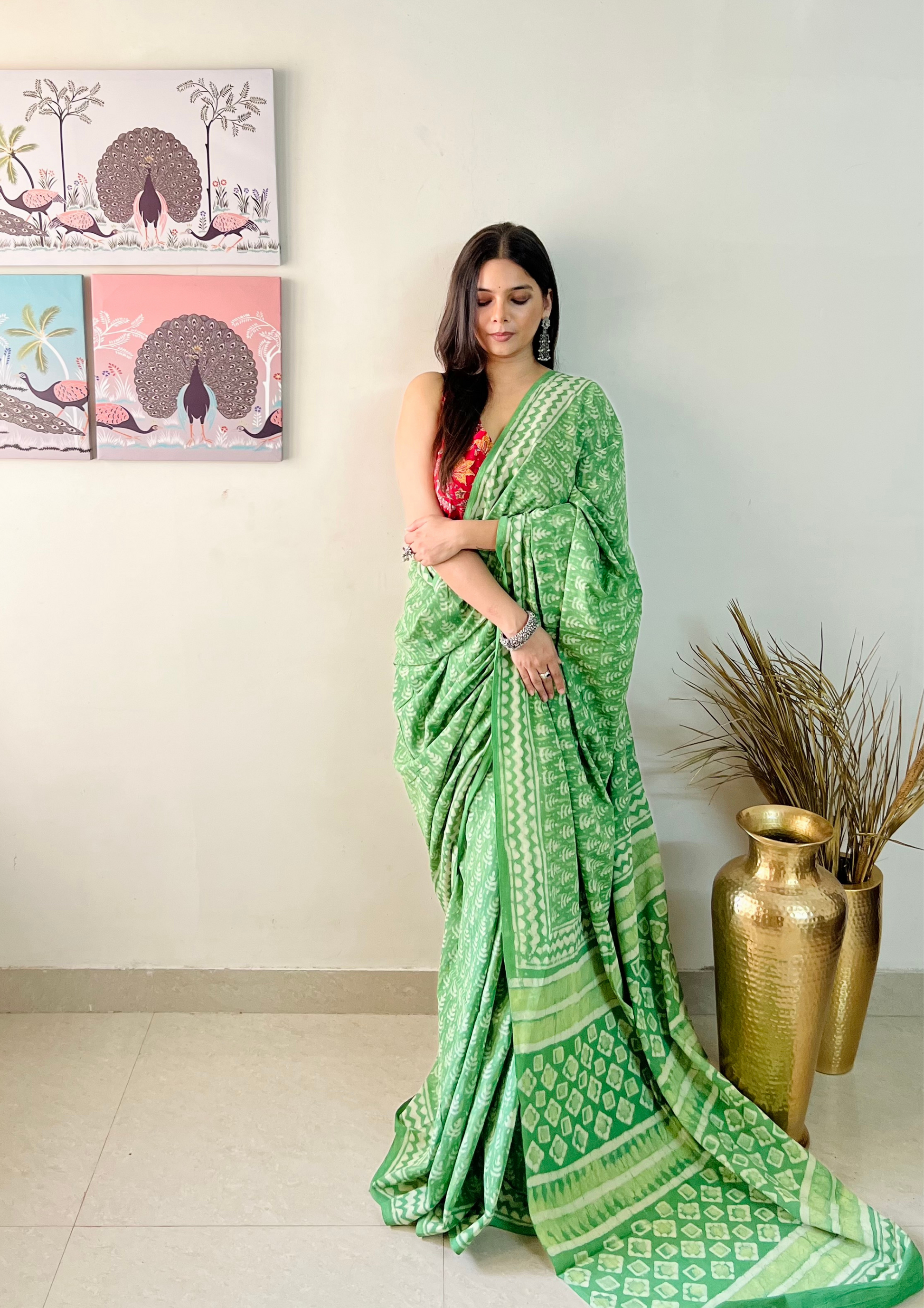 Hand block printed Natural Dyed Mulmul Cotton Saree