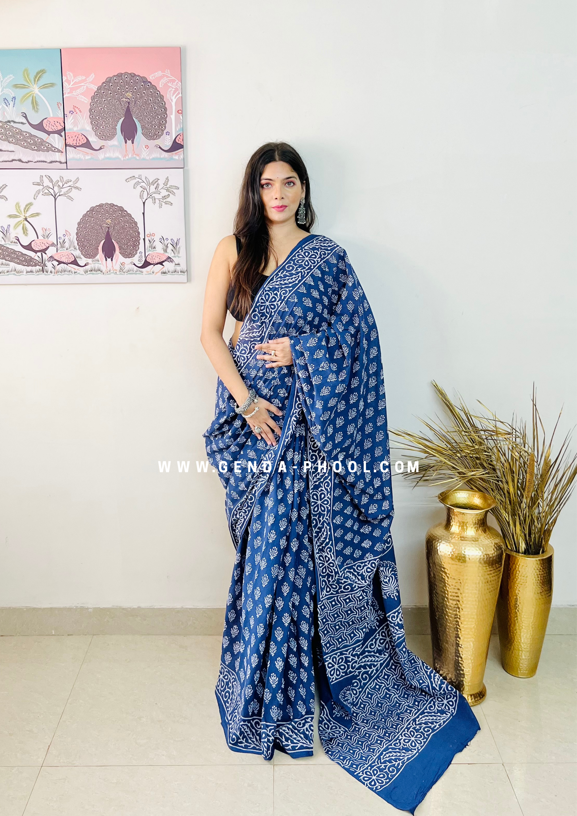 Hand block printed Natural Dyed Mulmul Cotton Saree