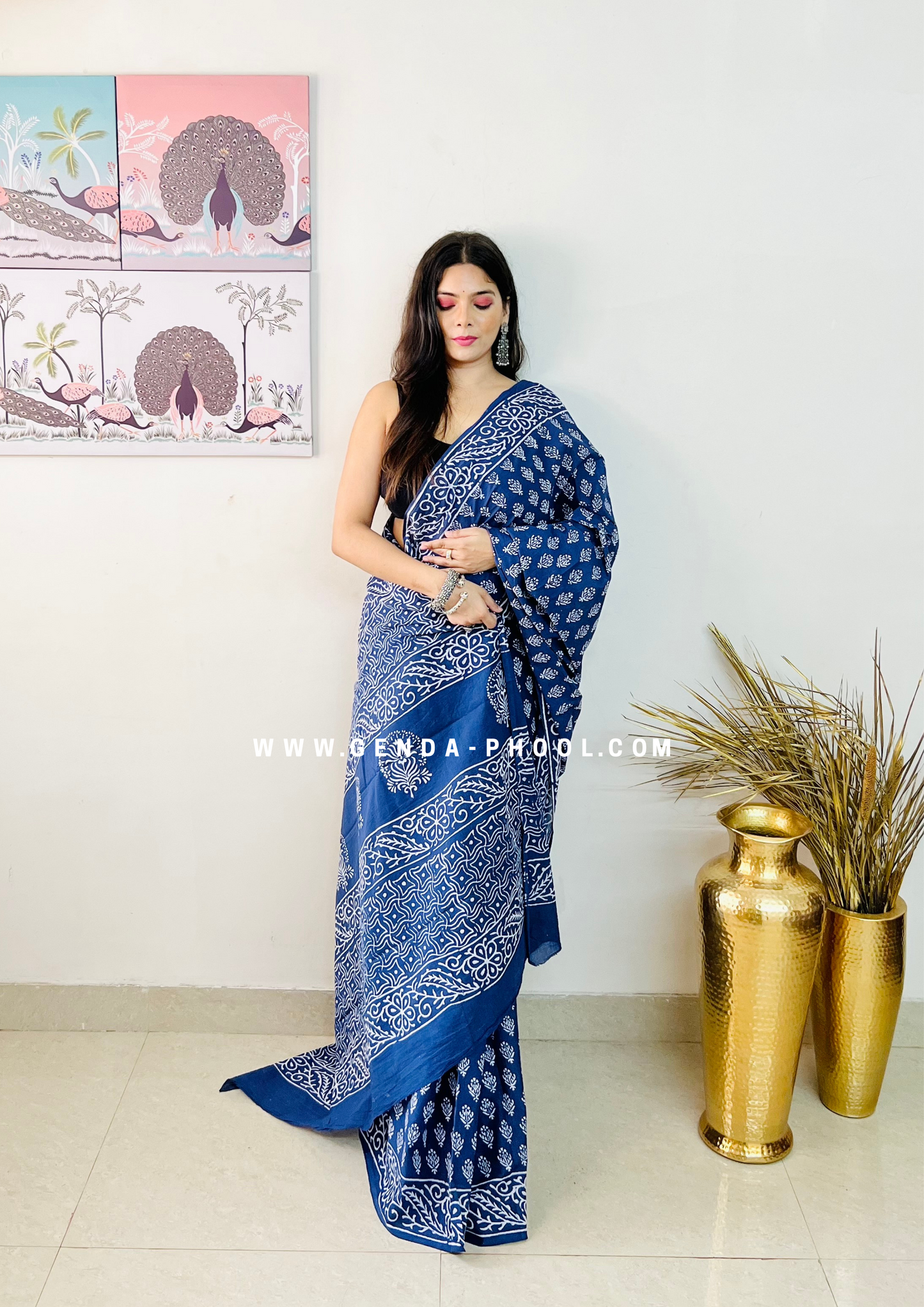 Hand block printed Natural Dyed Mulmul Cotton Saree