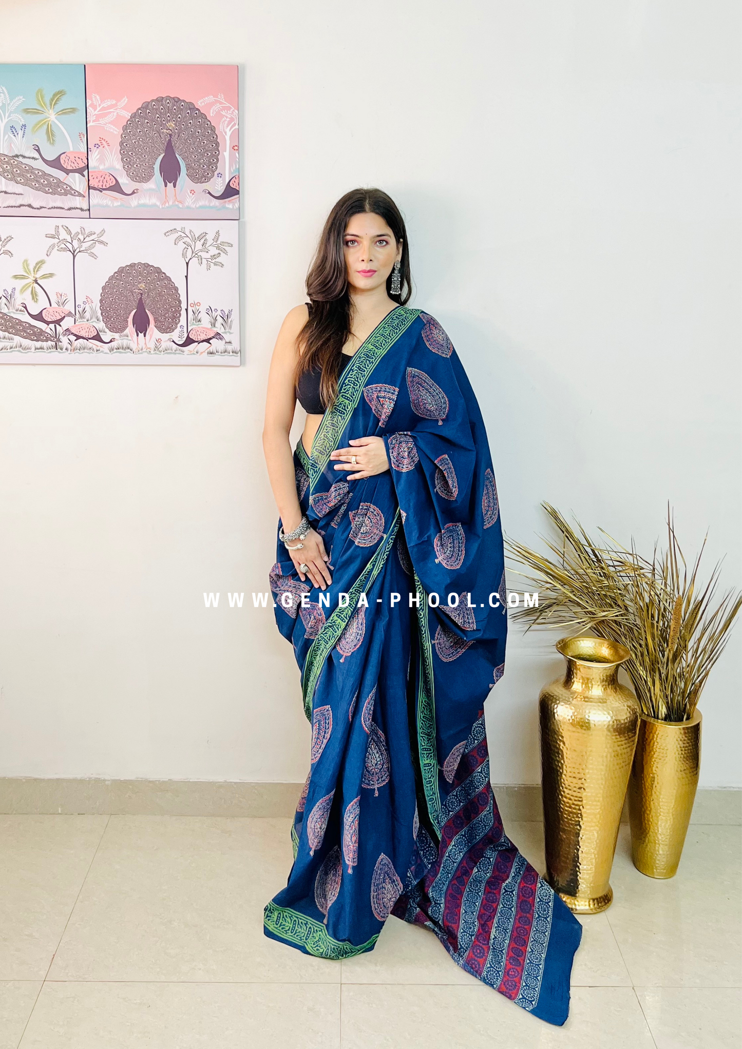 Hand block printed Natural Dyed Mulmul Cotton Saree