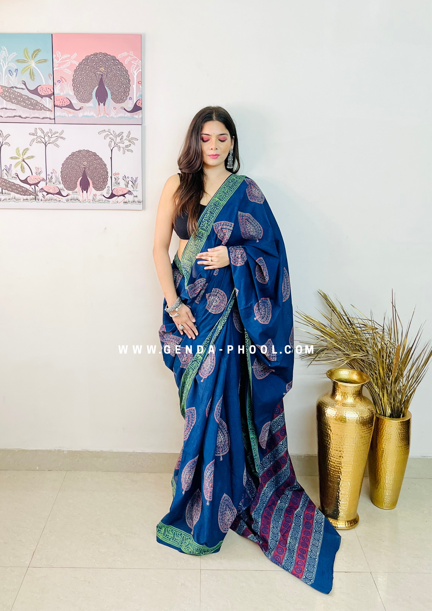 Hand block printed Natural Dyed Mulmul Cotton Saree