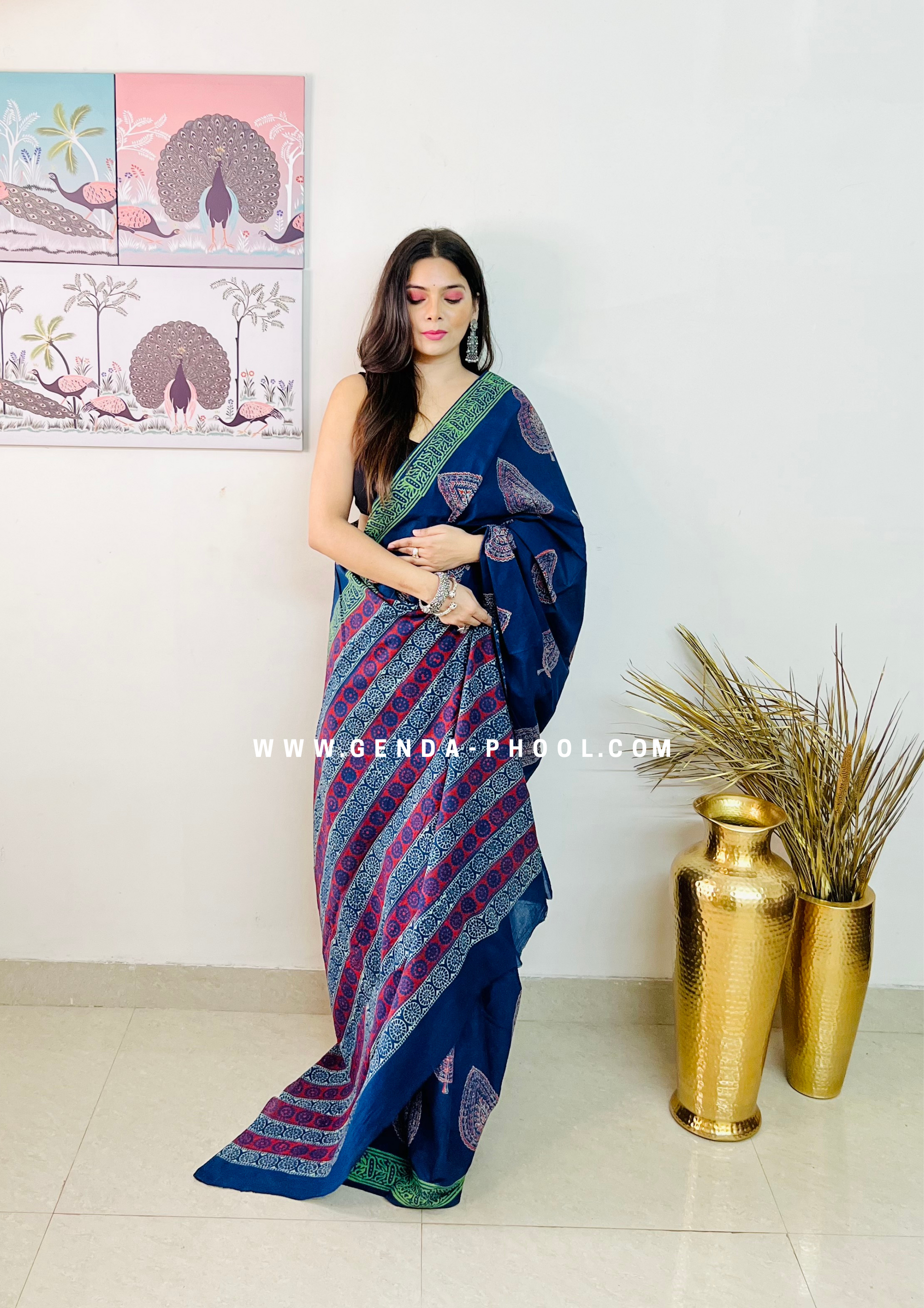 Hand block printed Natural Dyed Mulmul Cotton Saree