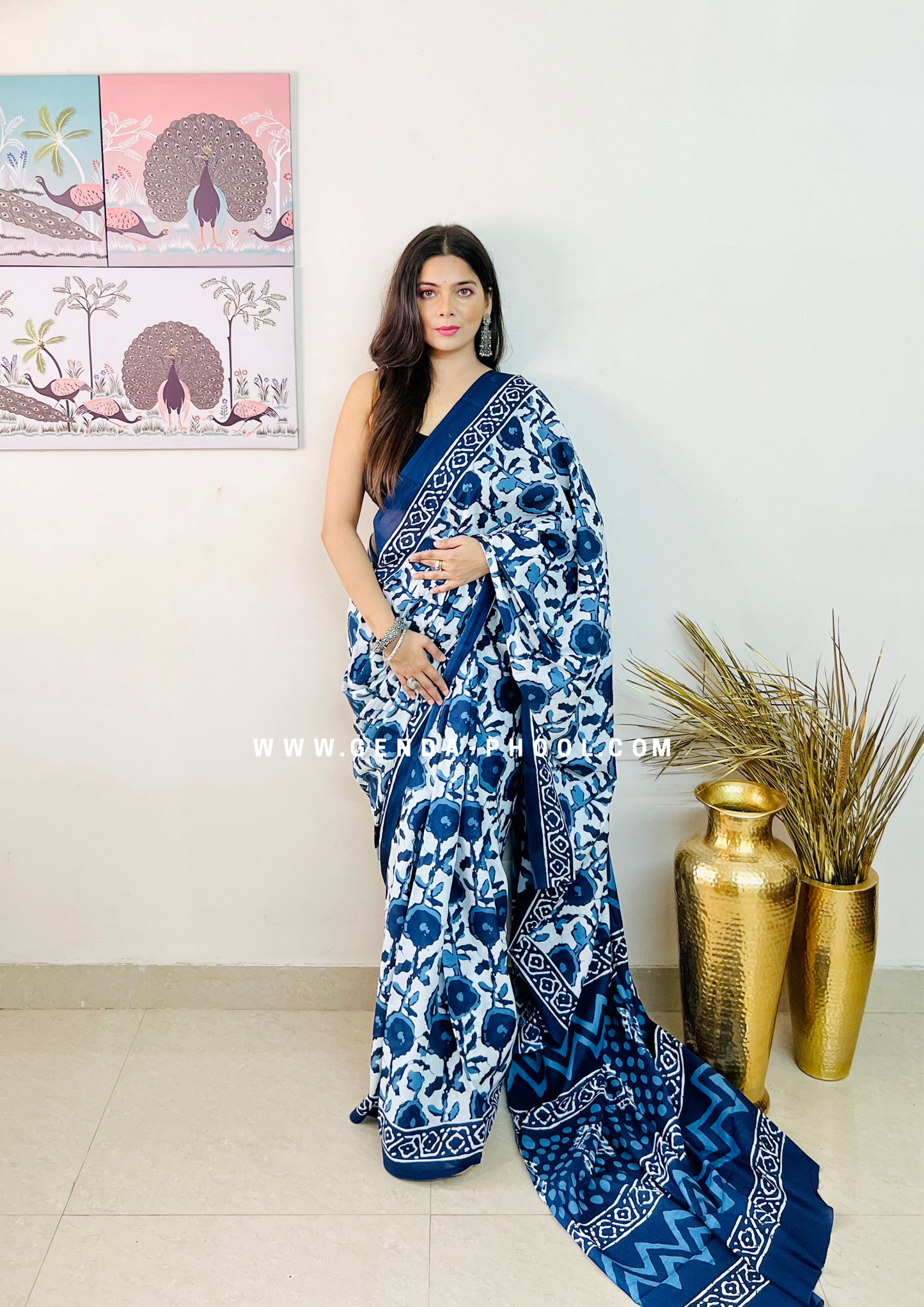 Hand block printed Natural Dyed Mulmul Cotton Saree