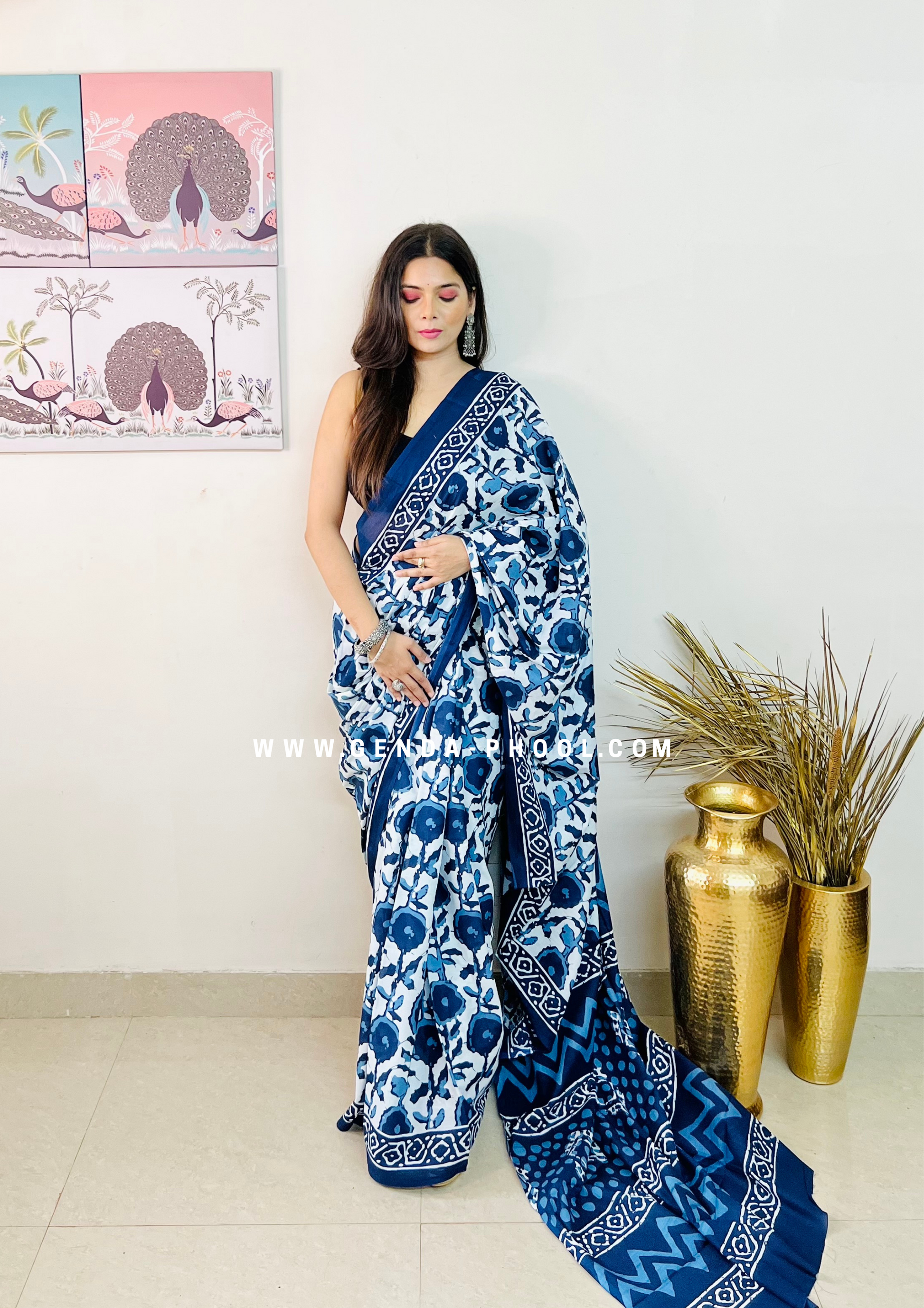 Hand block printed Natural Dyed Mulmul Cotton Saree