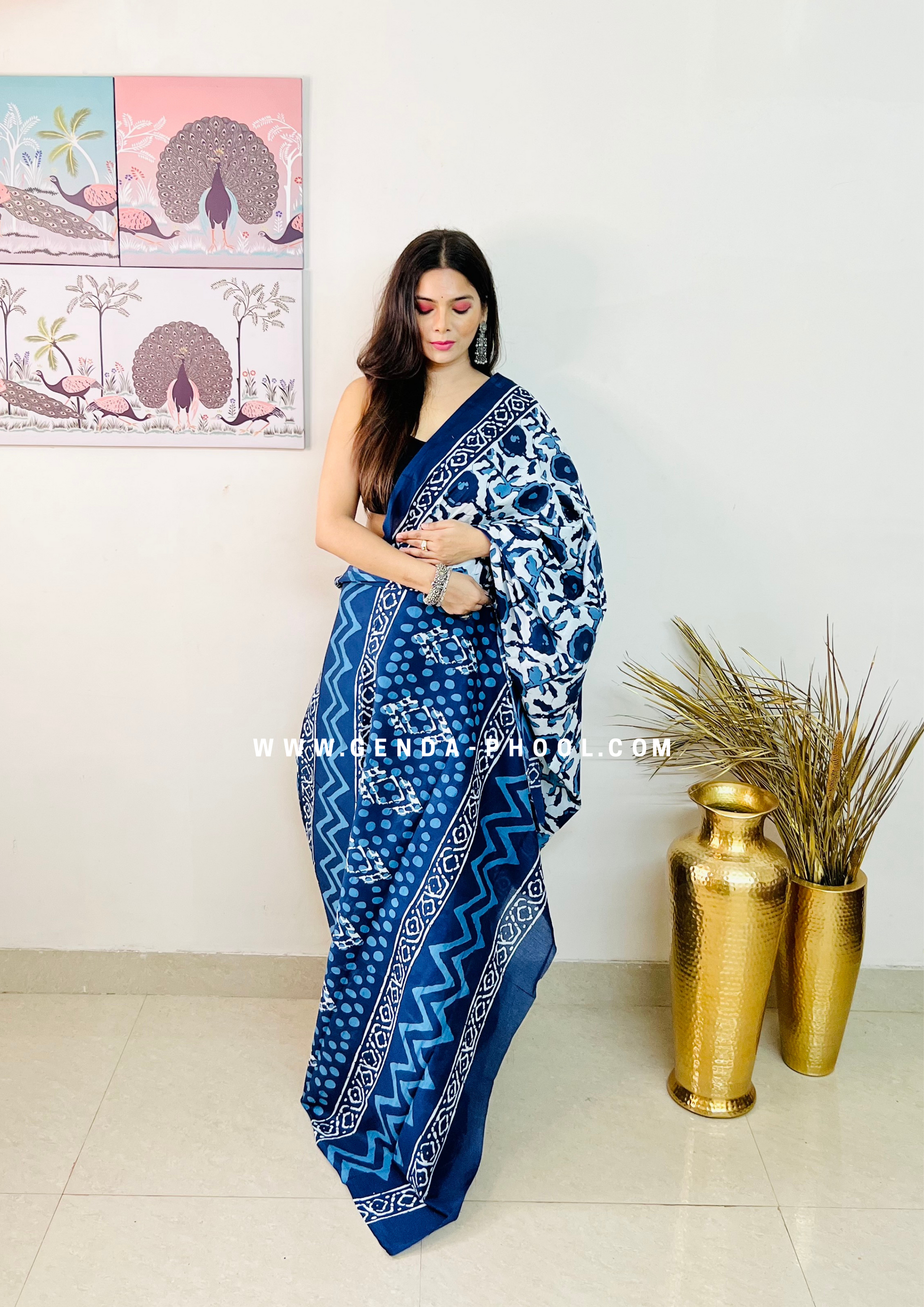 Hand block printed Natural Dyed Mulmul Cotton Saree