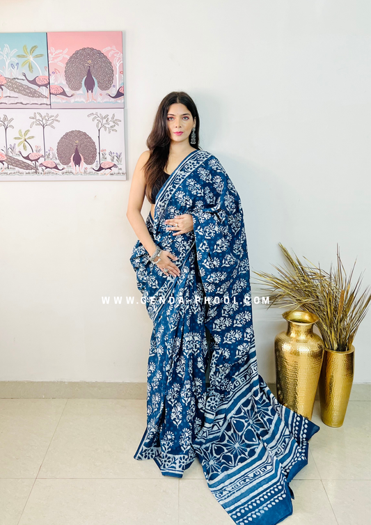 Hand block printed Natural Dyed Mulmul Cotton Saree