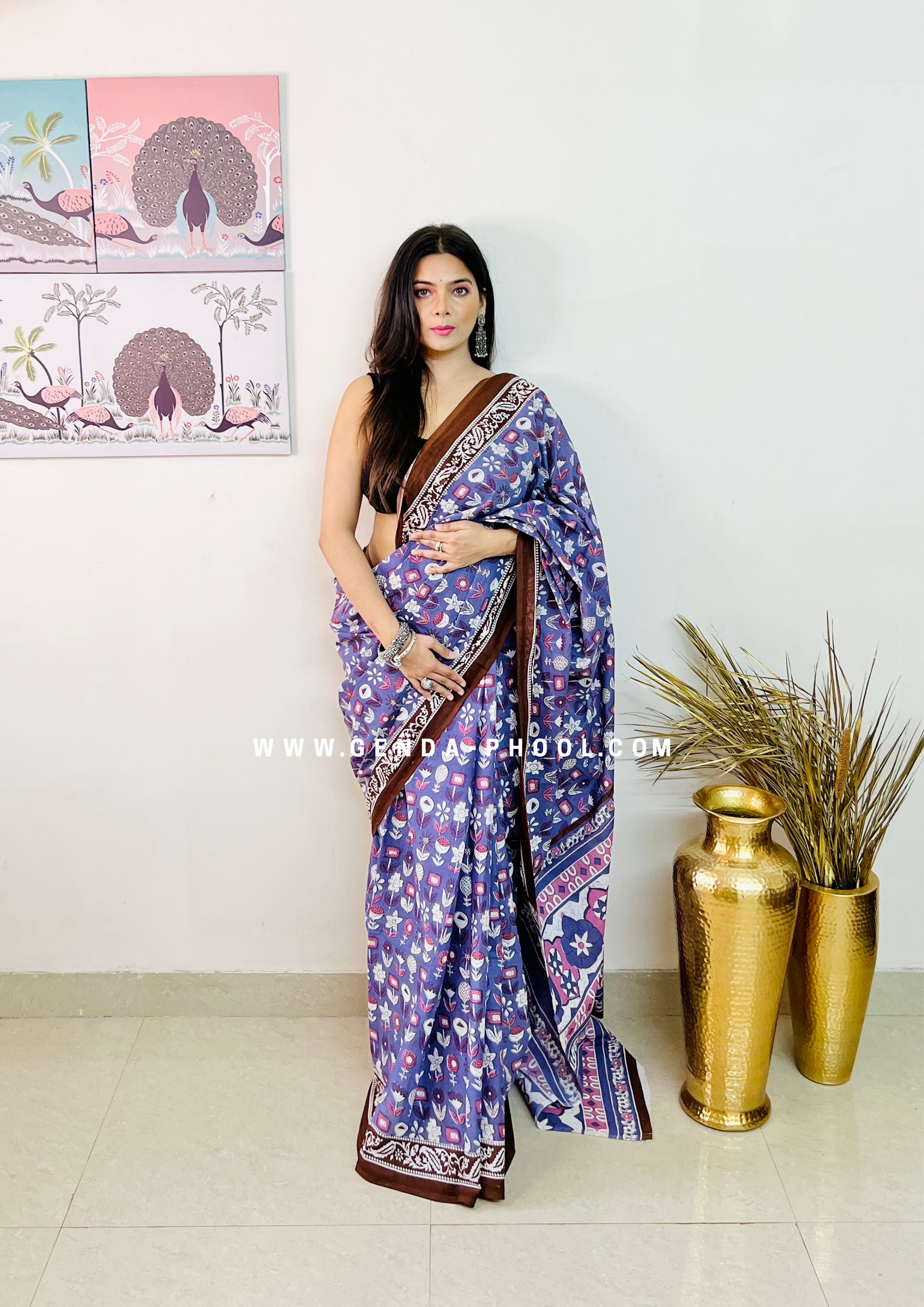 Hand block printed Natural Dyed Mulmul Cotton Saree