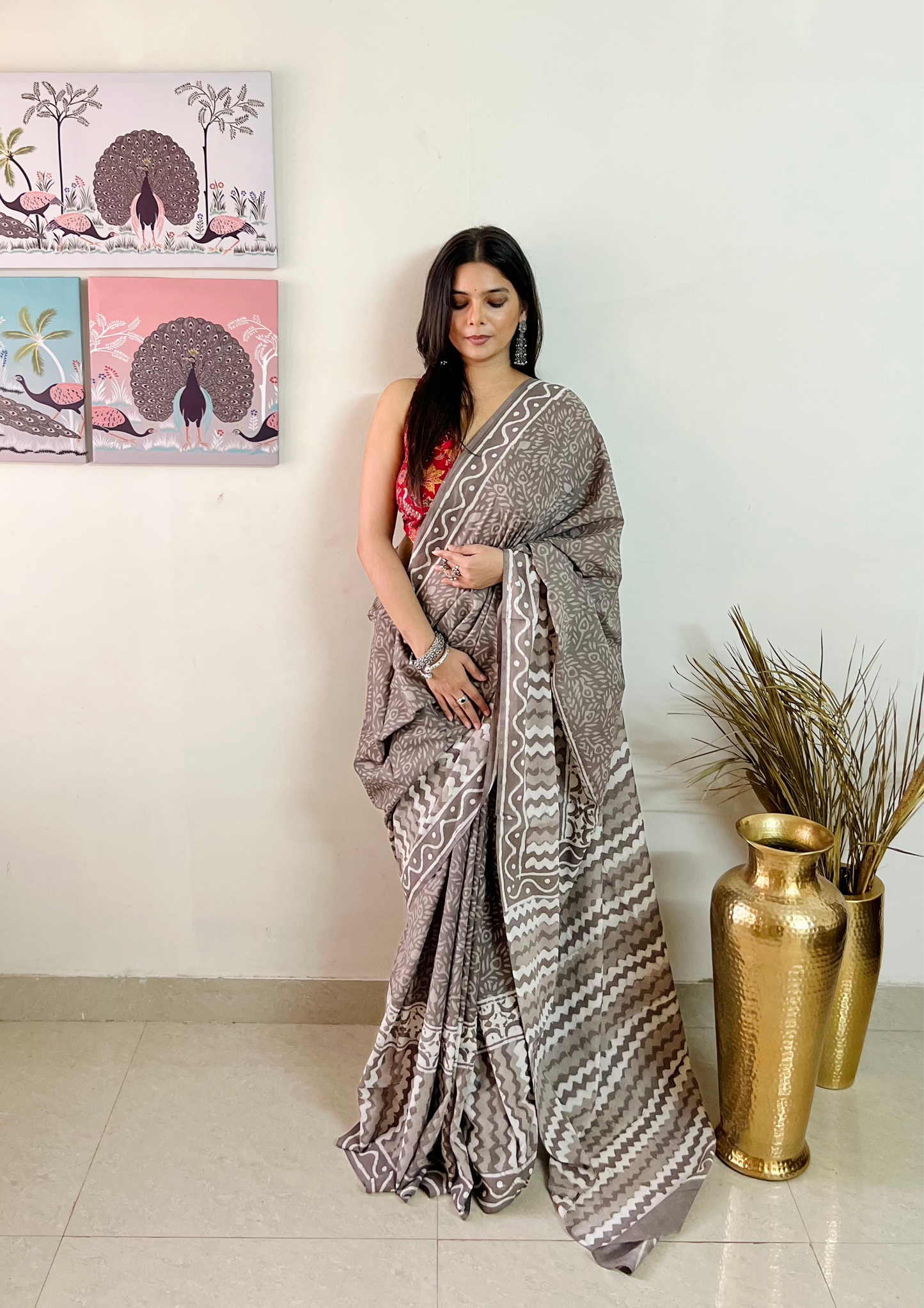 Hand block printed Natural Dyed Mulmul Cotton Saree