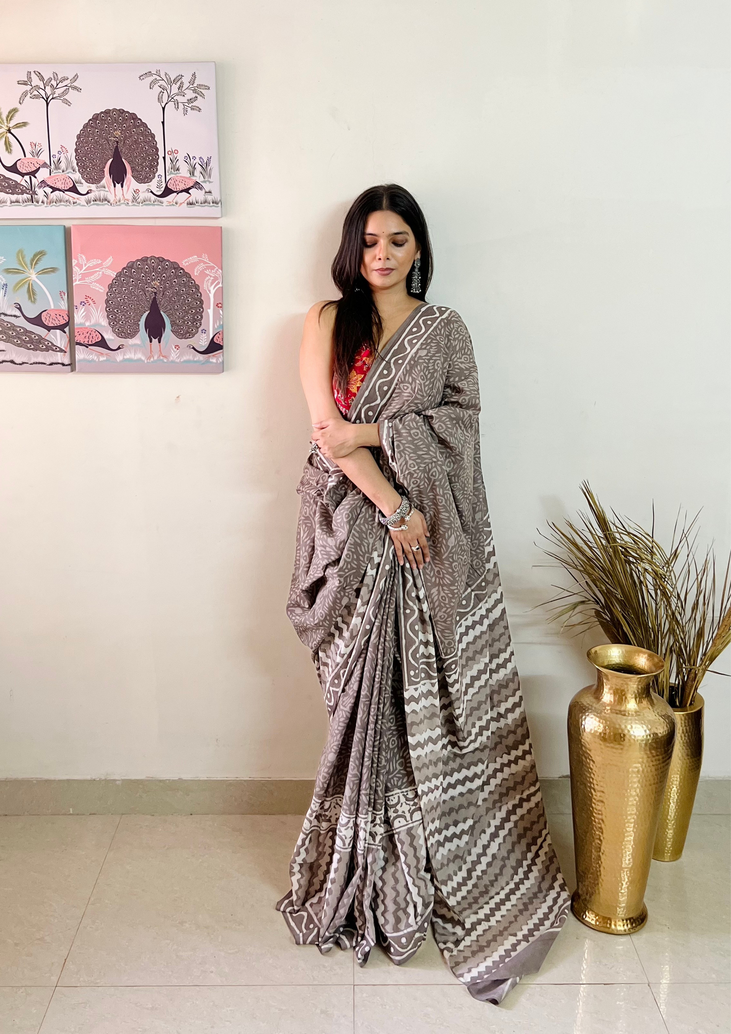 Hand block printed Natural Dyed Mulmul Cotton Saree