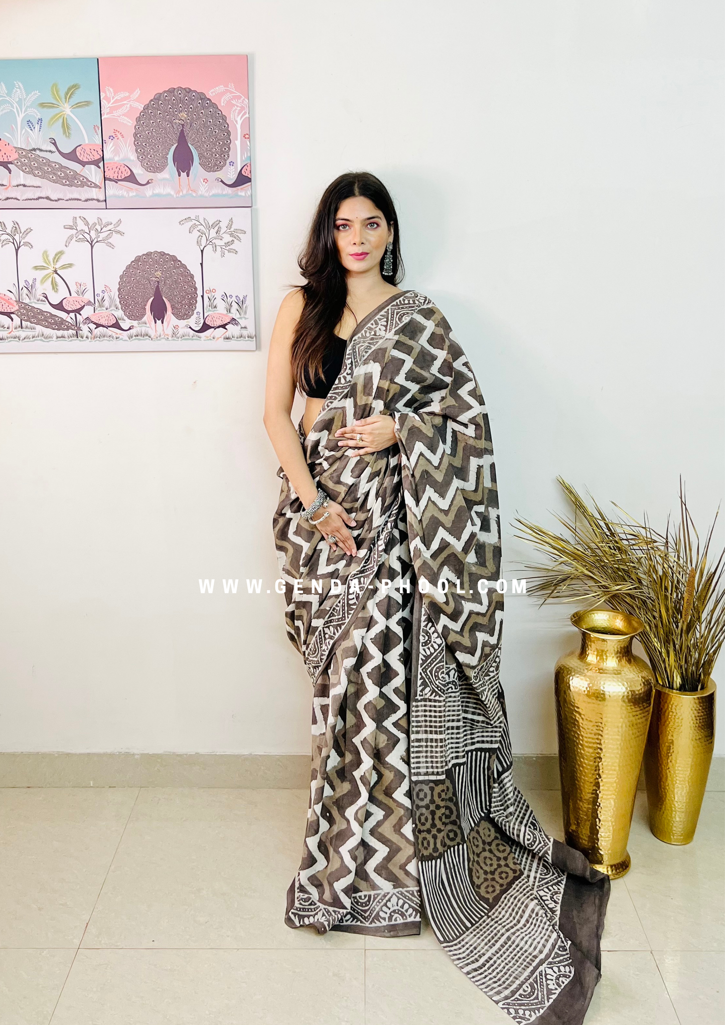 Hand block printed Natural Dyed Mulmul Cotton Saree