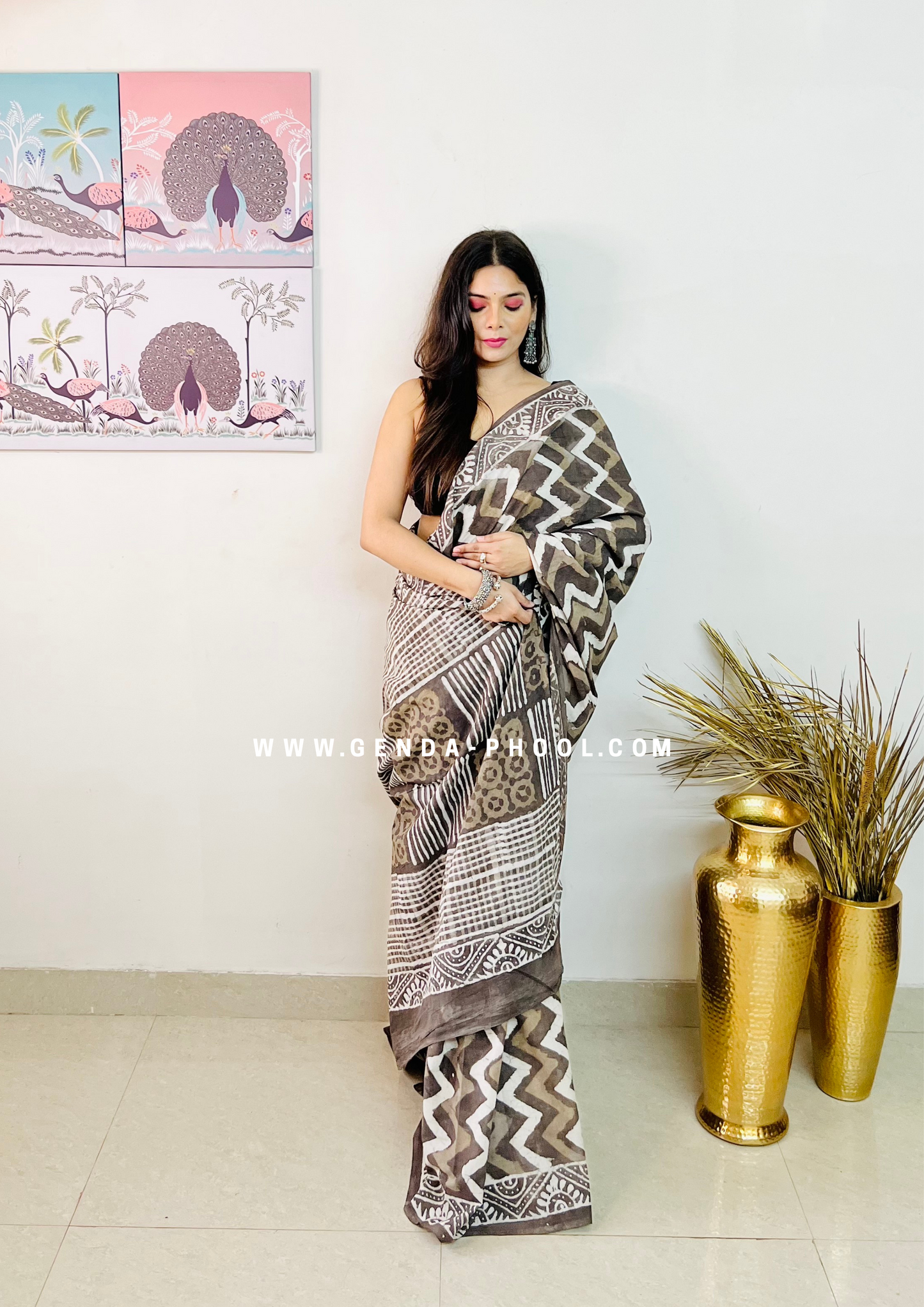 Hand block printed Natural Dyed Mulmul Cotton Saree