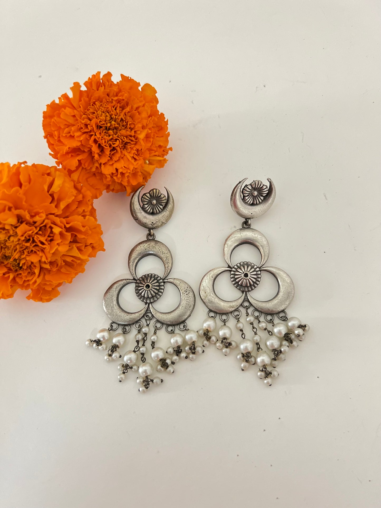 Chand phool pearl oxidised brass hangings