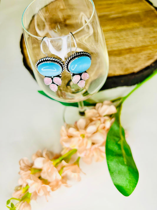 Aquamarine Rose Quartz  Treasures German Silver Hoops