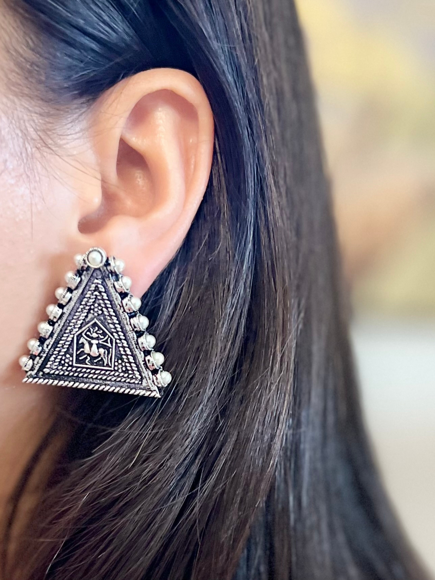 Pearl antique triangle oxidised brass earrings